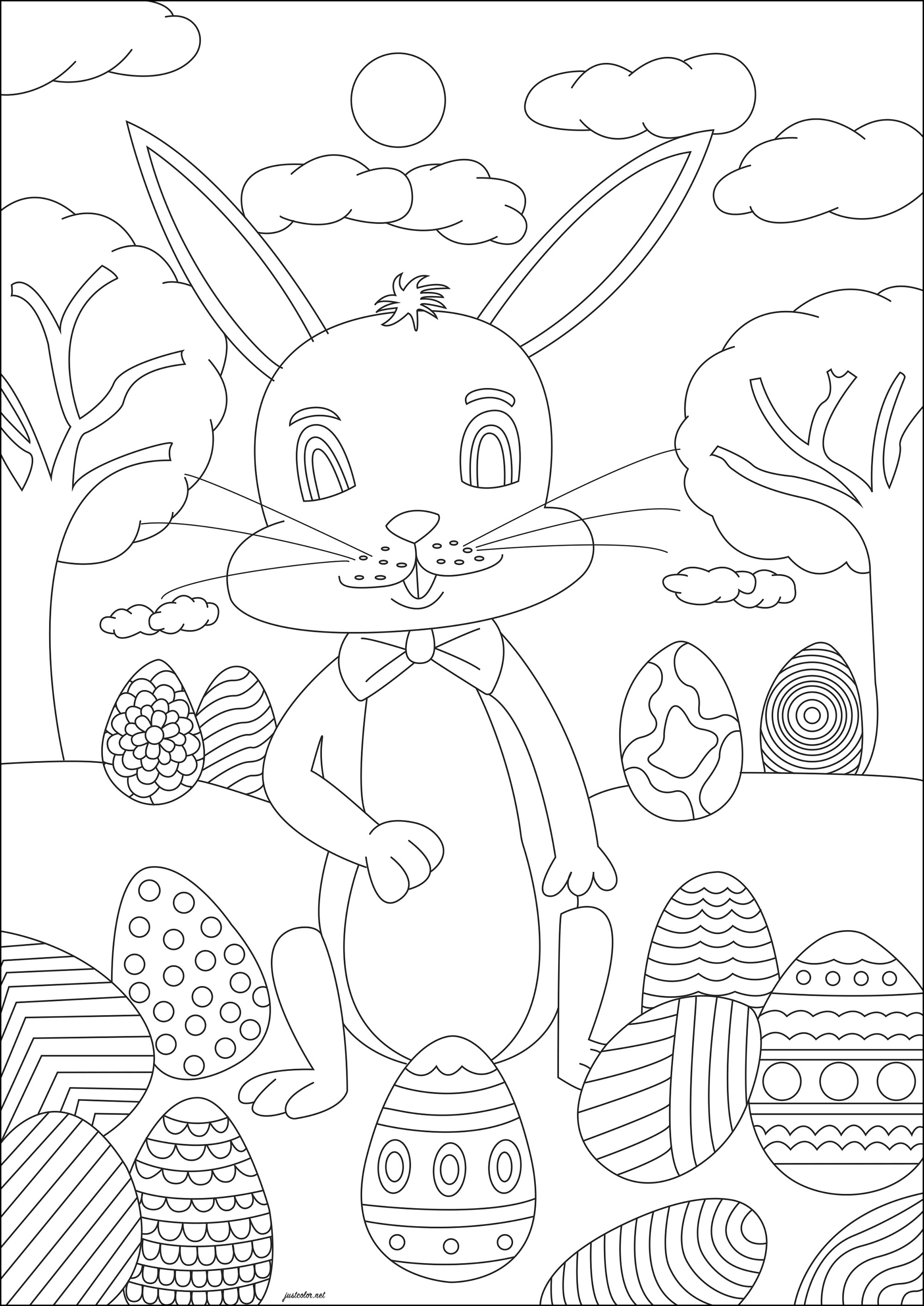 Conejo rodeado de huevos de distintos diseños (Página de Pascua de Resurrección para imprimir para niños)