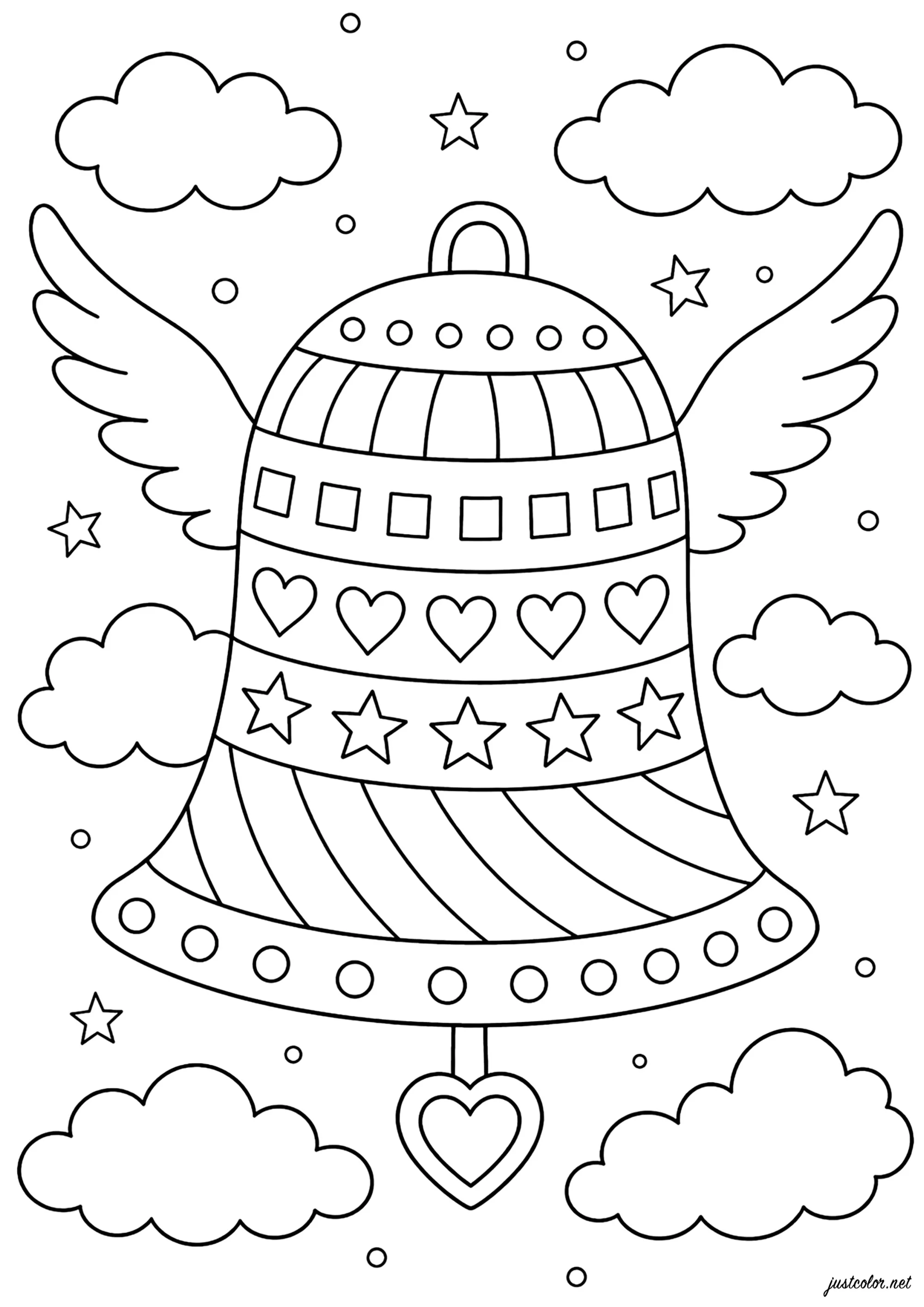 Campana voladora y nubes encantadas (Página de Pascua de Resurrección para imprimir para niños)