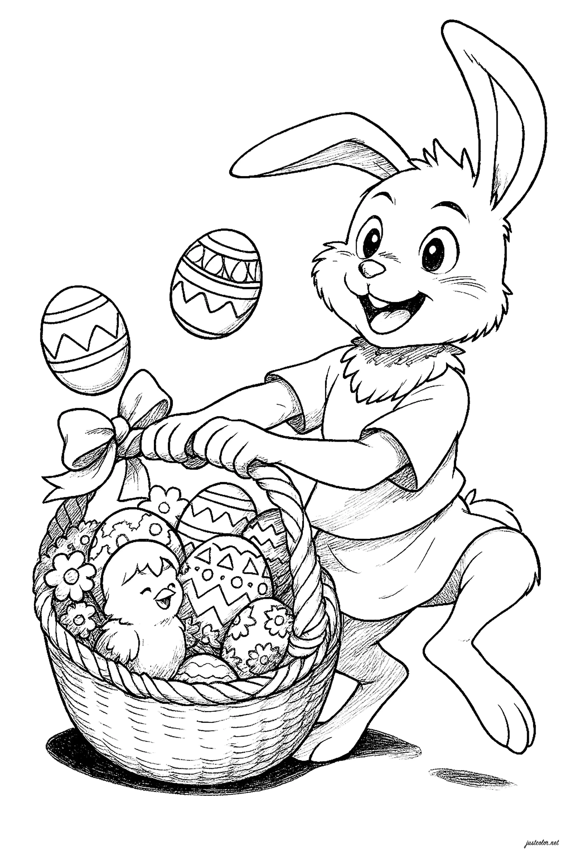 Conejo y sus huevos al estilo Studio Ghibli ... con un simpático pollito (Página de Pascua de Resurrección para imprimir para niños)