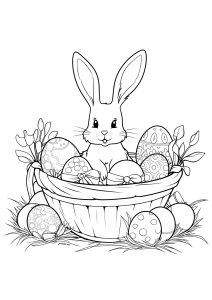 Conejo en una cesta con bonitos huevos de Pascua