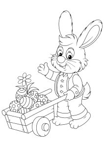 Conejo llevando huevos de Pascua de Resurrección en una carretilla