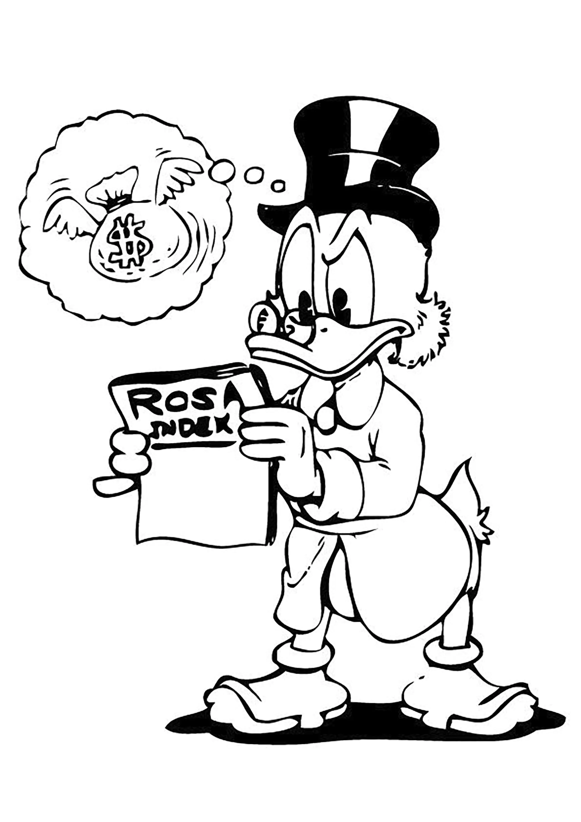 Scrooge siempre está pensando en hacerse más rico (Página de Patoaventuras para imprimir para niños)