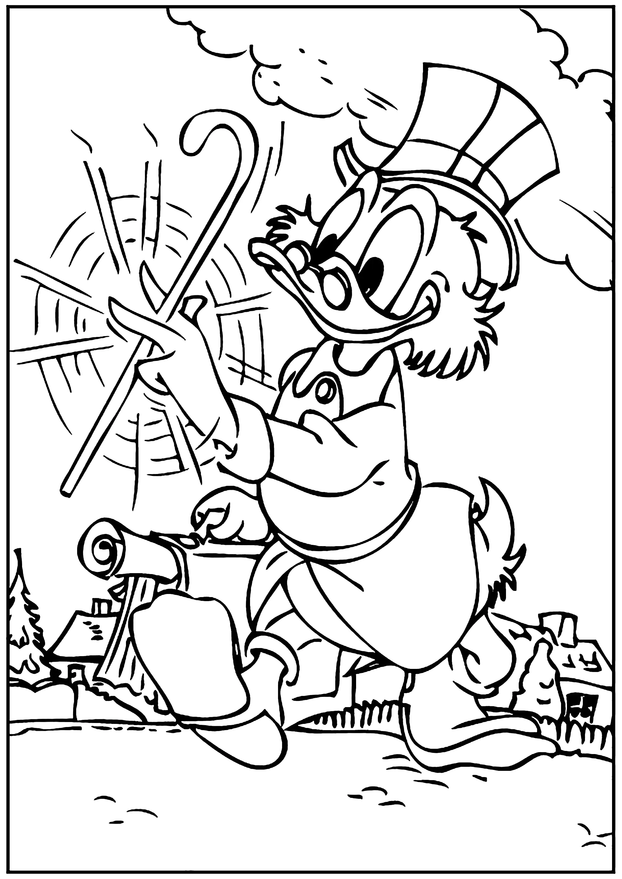 Scrooge hace girar su bastón (Página de Patoaventuras para imprimir para niños)