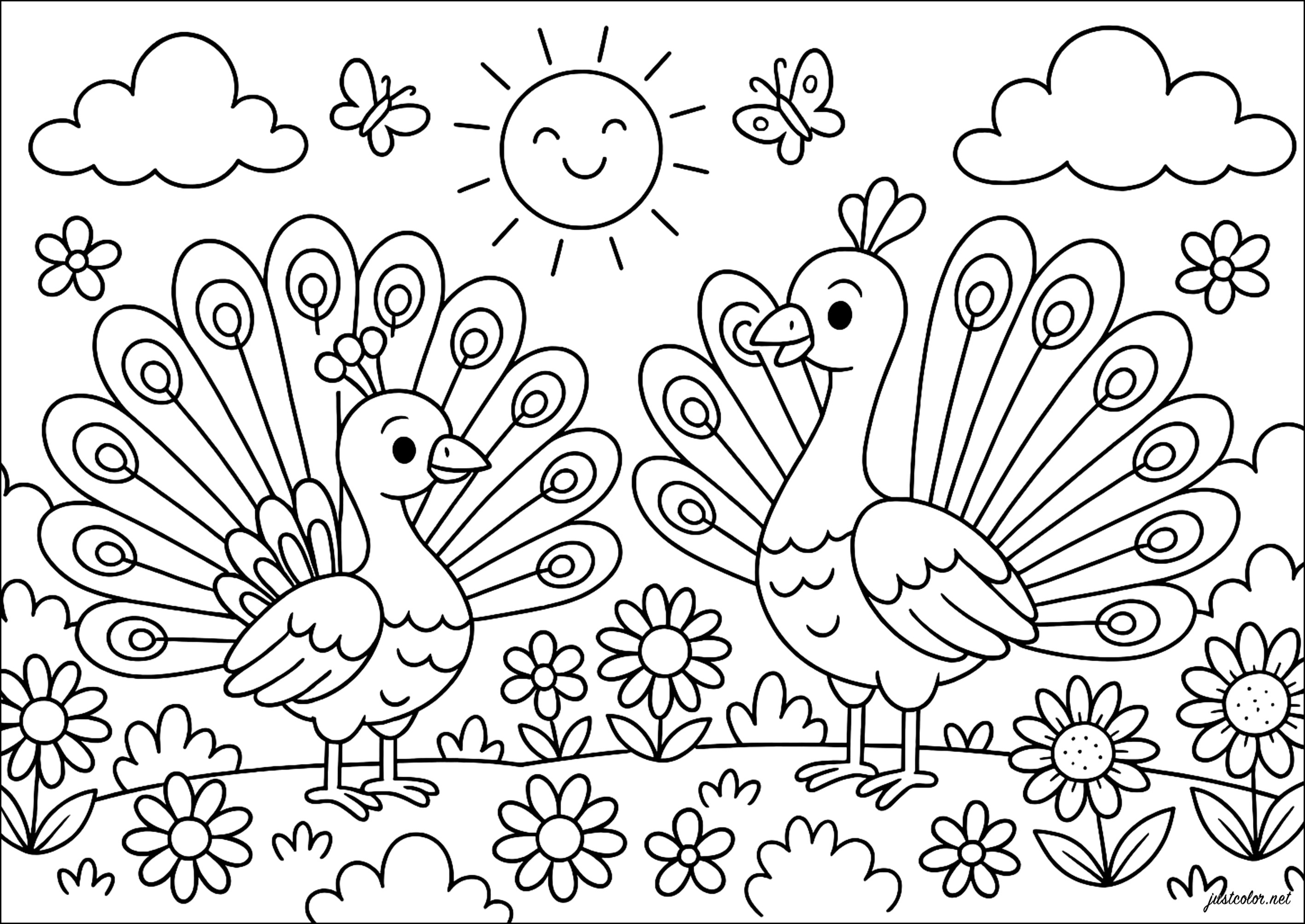 Pavo Real Majestuoso y su Desfile (Página para imprimir para niños)