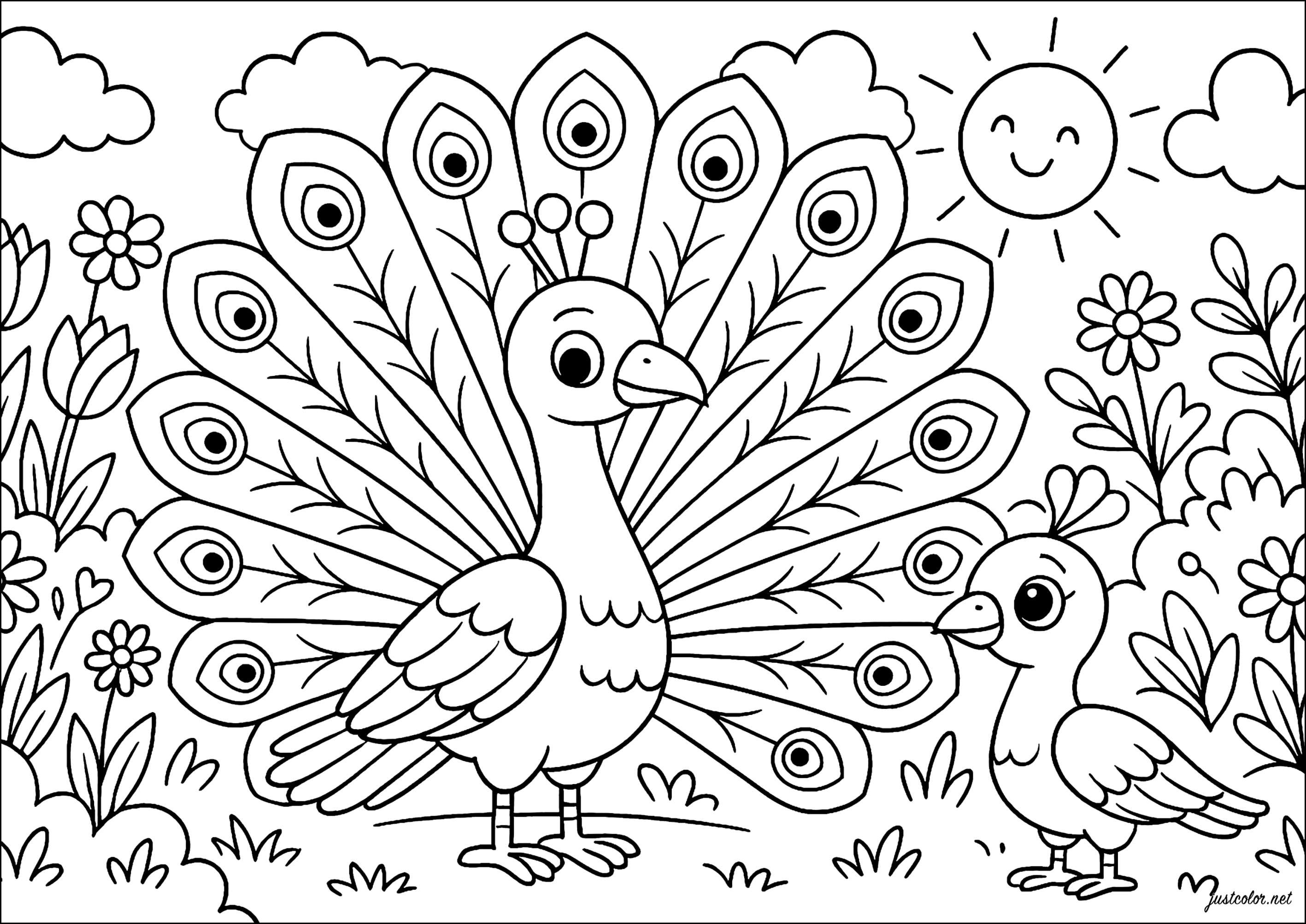 Pavo real alegre bajo el sol (Página para imprimir para niños)