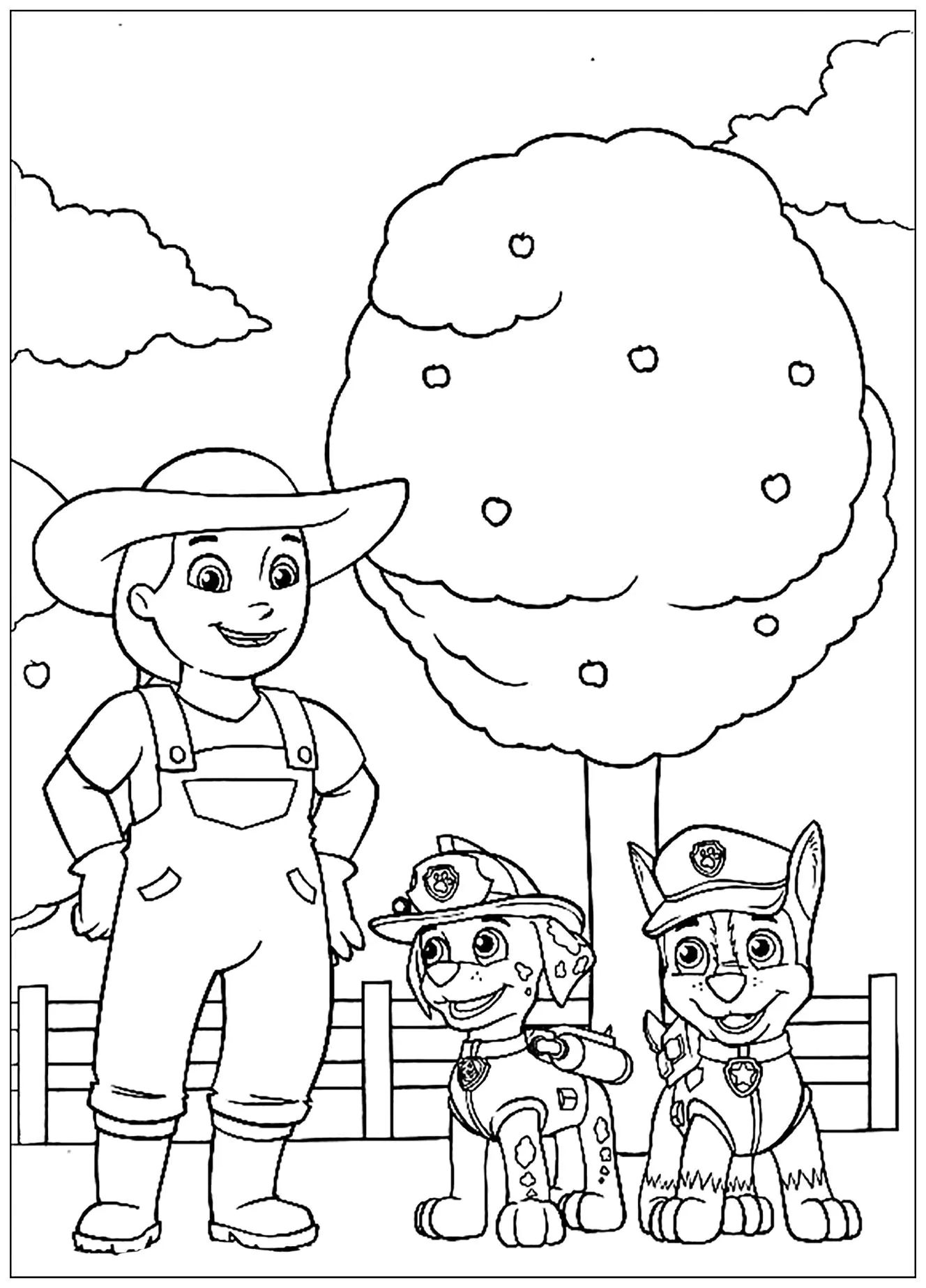 PAW Patrol, Patrulla de cachorros: con el granjero (Página de Patrulla Canina para imprimir para niños)