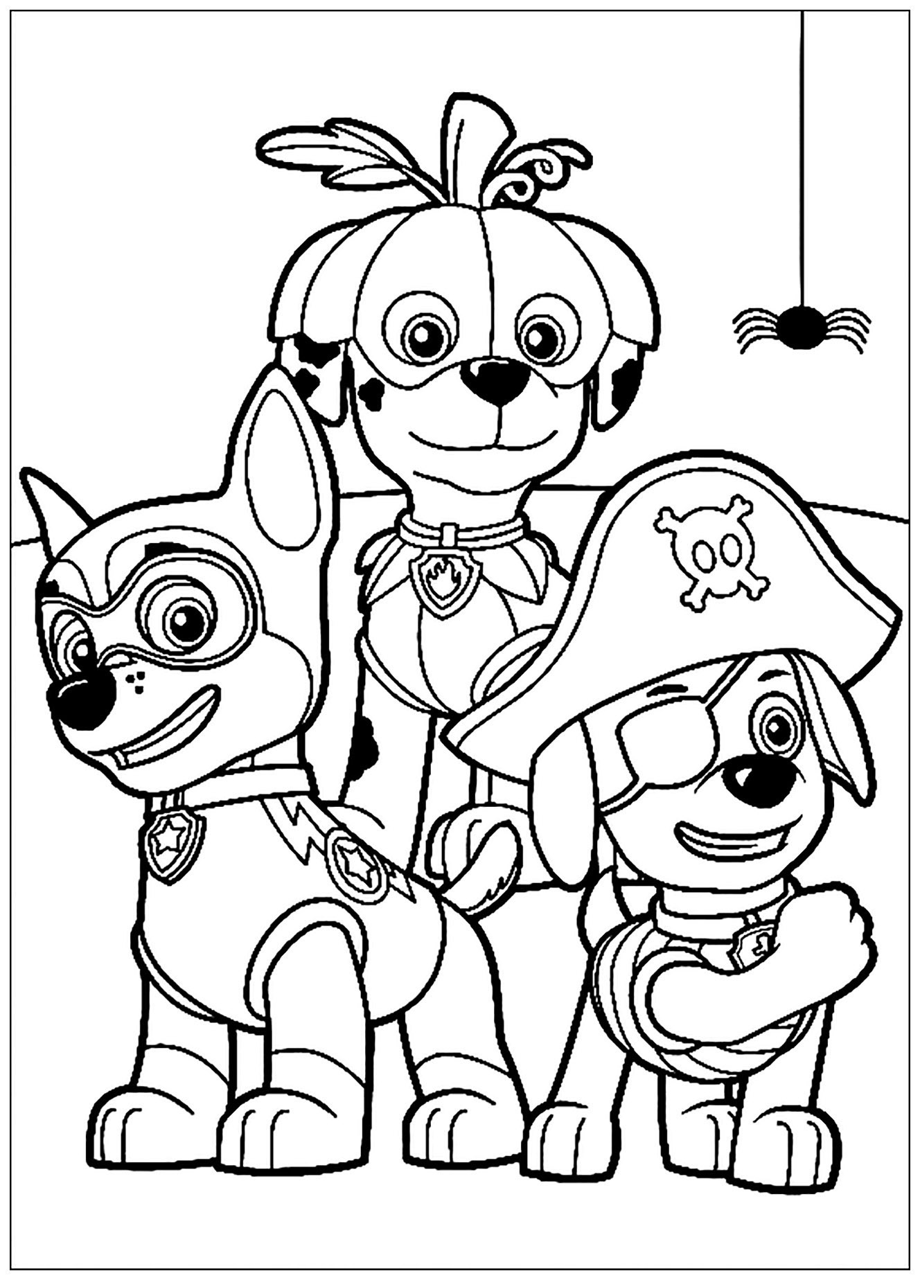 Dibujo de PAW Patrol, Patrulla de cachorros para imprimir y colorear: Tres de los perros de la patrulla