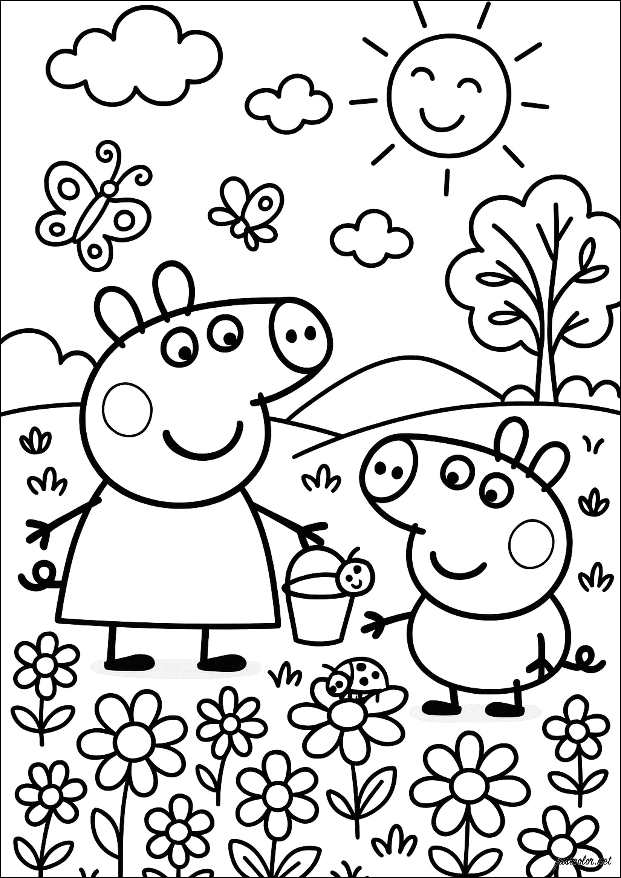 Aventura familiar en el jardín (Página de Peppa Pig para imprimir para niños)