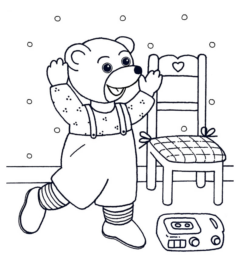 Coloreado de Pequeño oso marrón cantando y bailando al son de su grabadora de casete Coloreado de Pequeño oso marrón cantando y bailando al son de su grabadora de casete