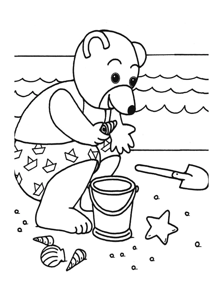 Ha encontrado una bonita concha cónica en la playa y va a enseñársela a sus padres (Página de Pequeño oso marrón para imprimir para niños)