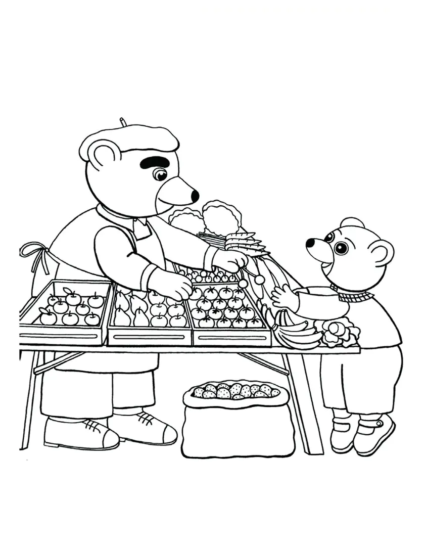 En el mercado del pueblo, al Pequeño oso marrón le gusta comprar fruta y verdura, y así aprende a contar (Página para imprimir para niños)