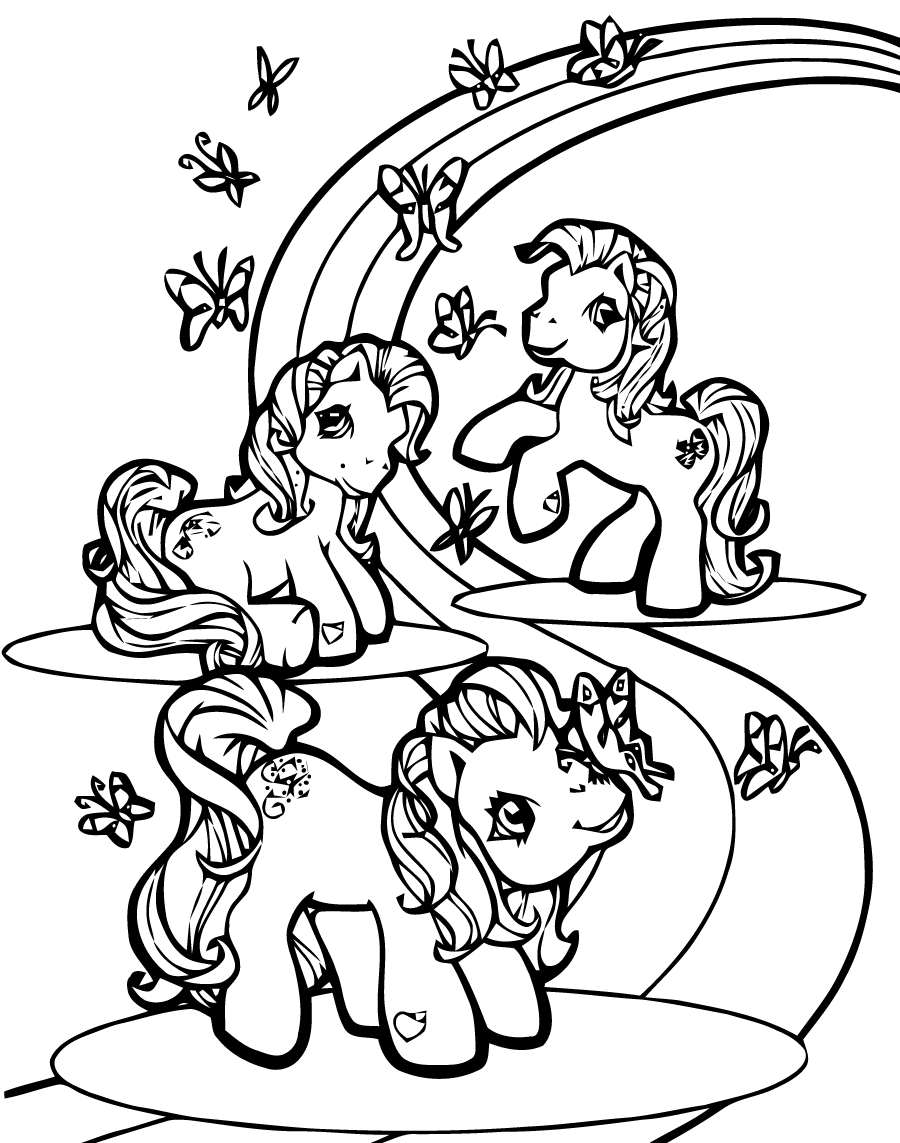 3 ponis, mariposas y un arco iris (Página de Mi Pequeño Pony para imprimir para niños)
