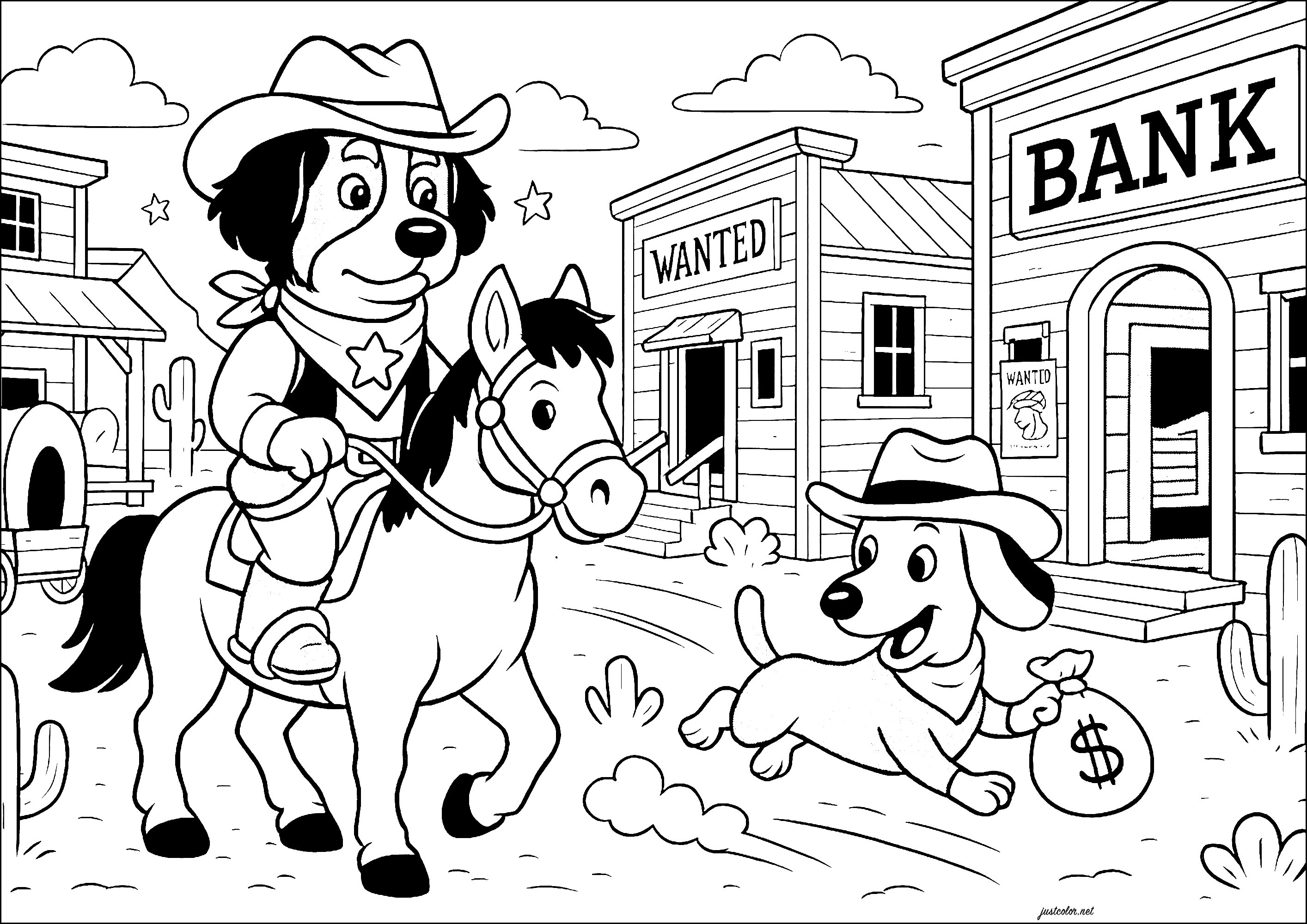 Perros en el Lejano Oeste (Página para imprimir para niños)