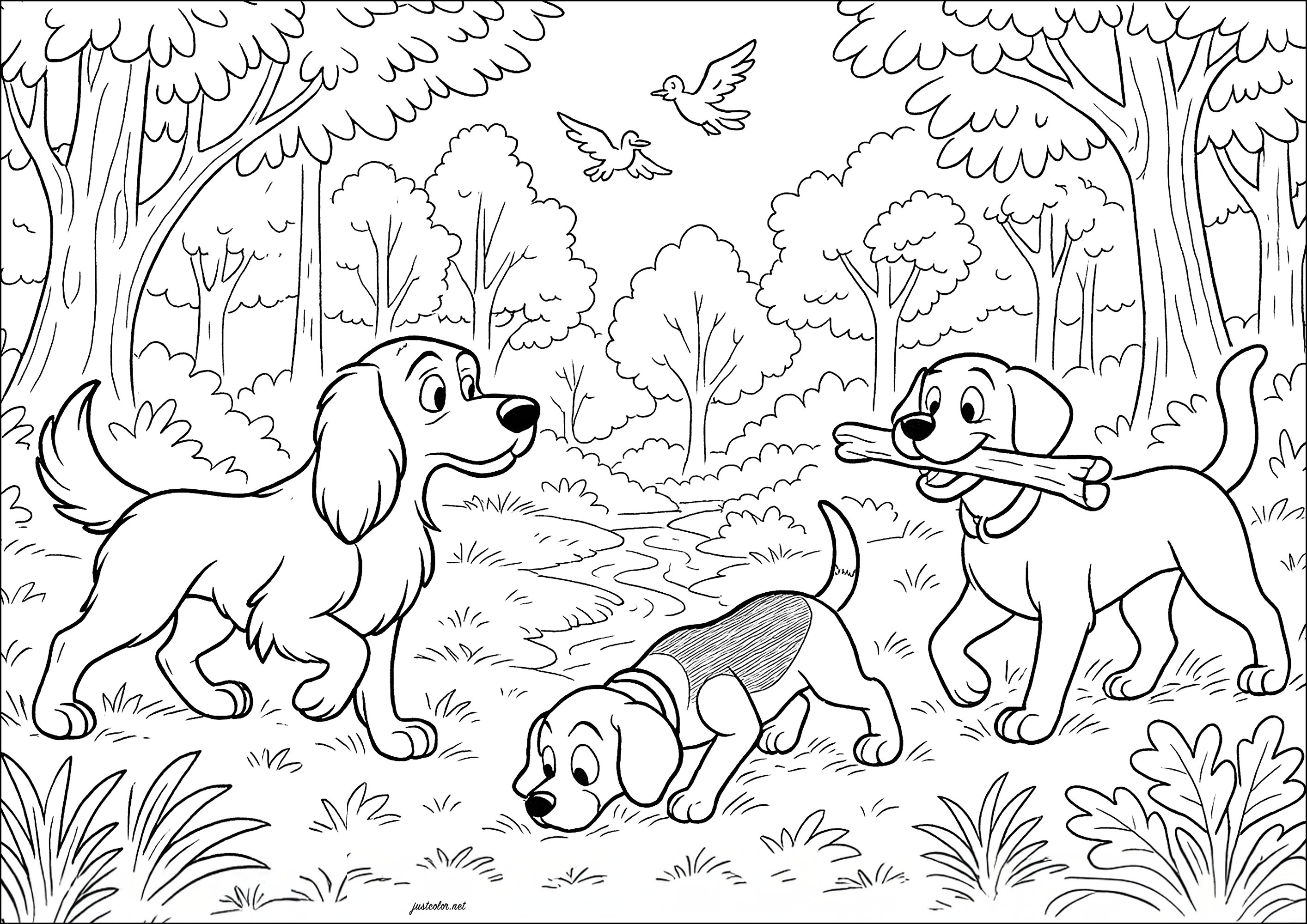 Paseo por el bosque de Perros (Página para imprimir para niños)