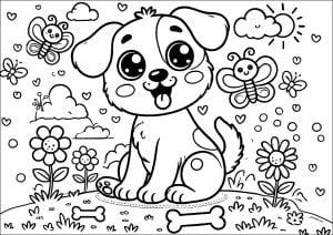 Página de para imprimir para niños : Perro joven con mariposa y huesos