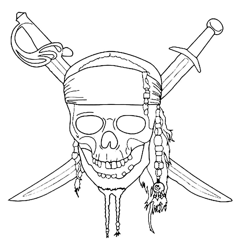 Cráneo y tibias cruzadas de Piratas del Caribe (Página para imprimir para niños)