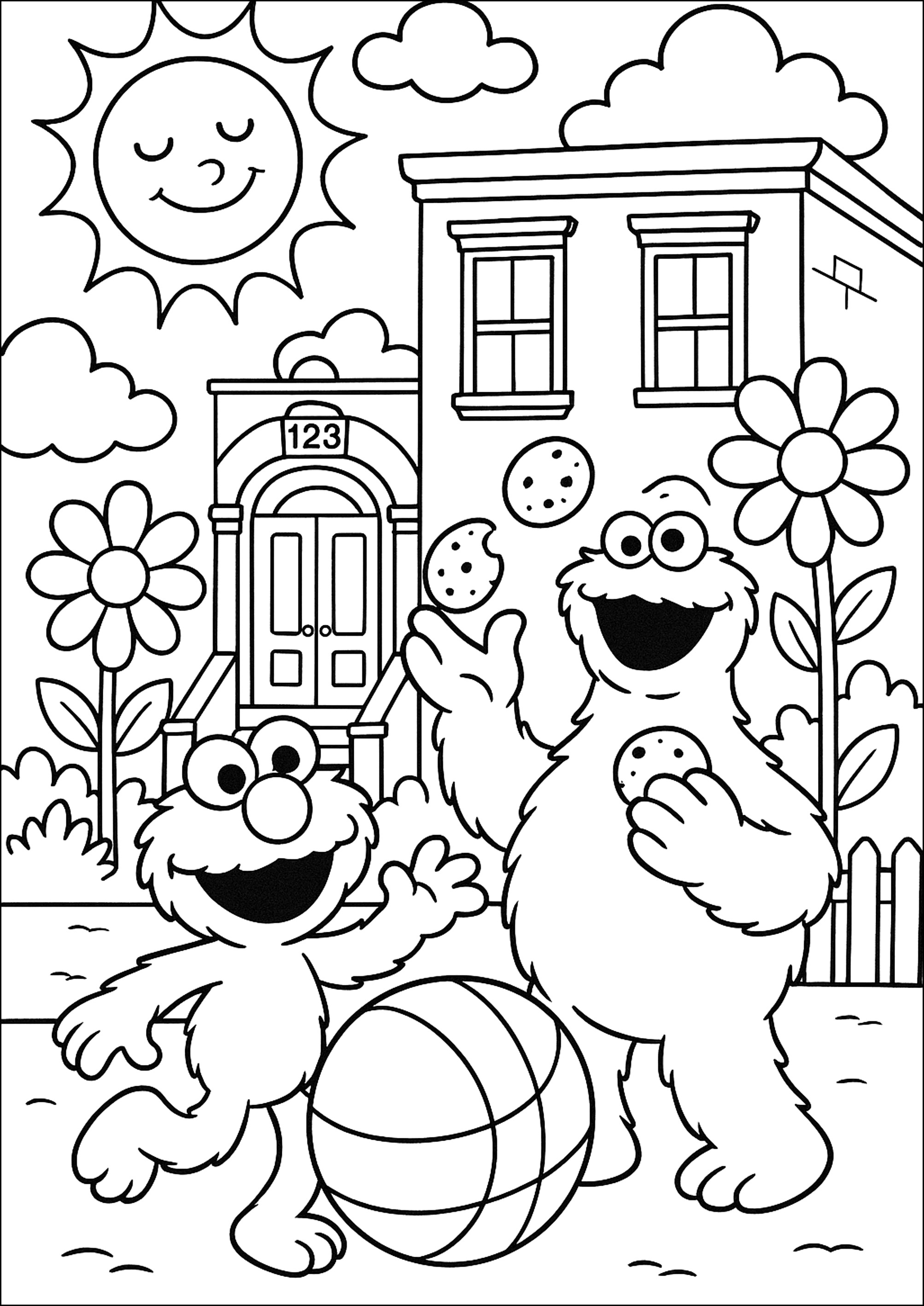 Cookie Monster con Elmo (Página de Plaza Sésamo para imprimir para niños)