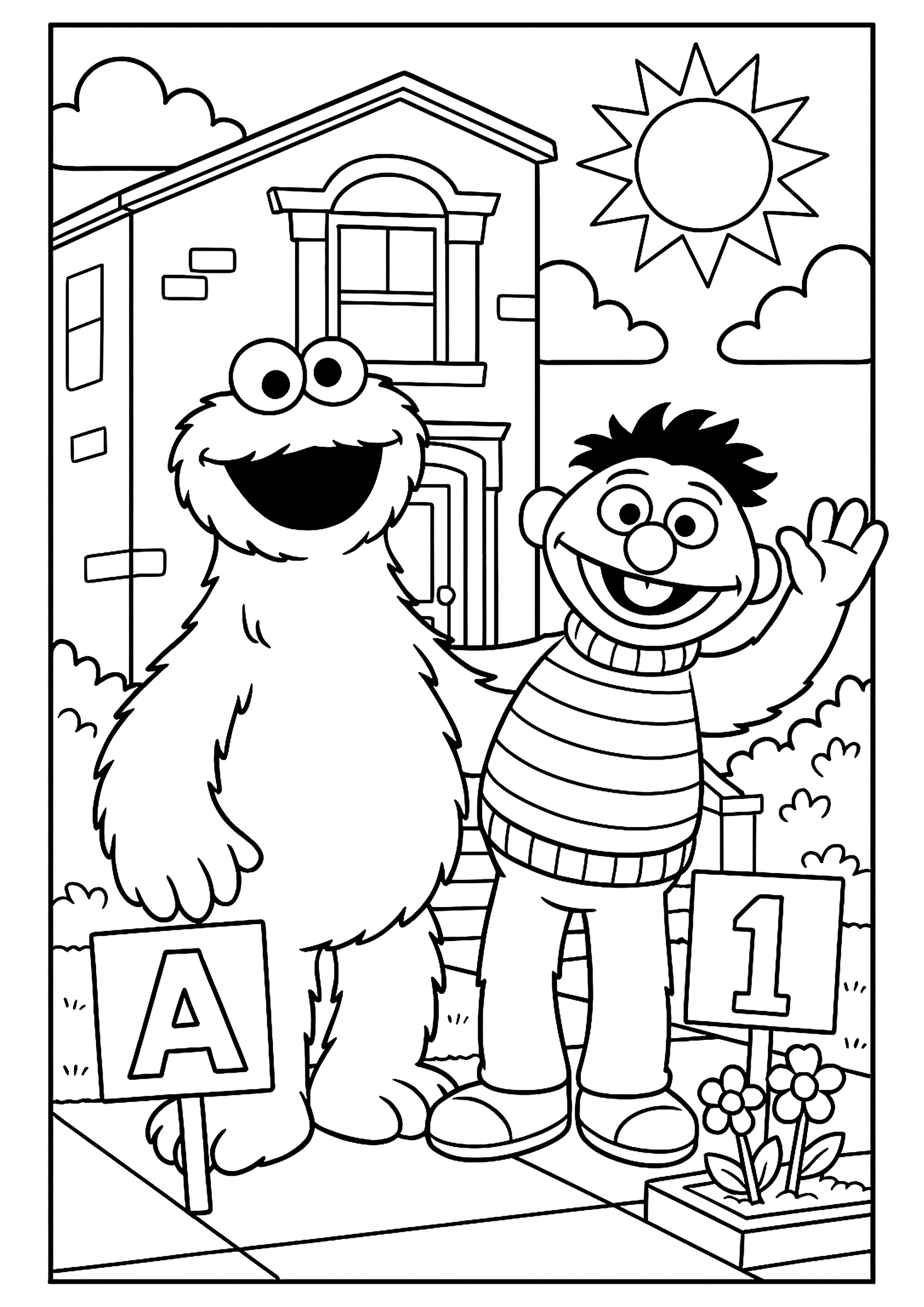 Cookie Monster con Bernie (Página de Plaza Sésamo para imprimir para niños)