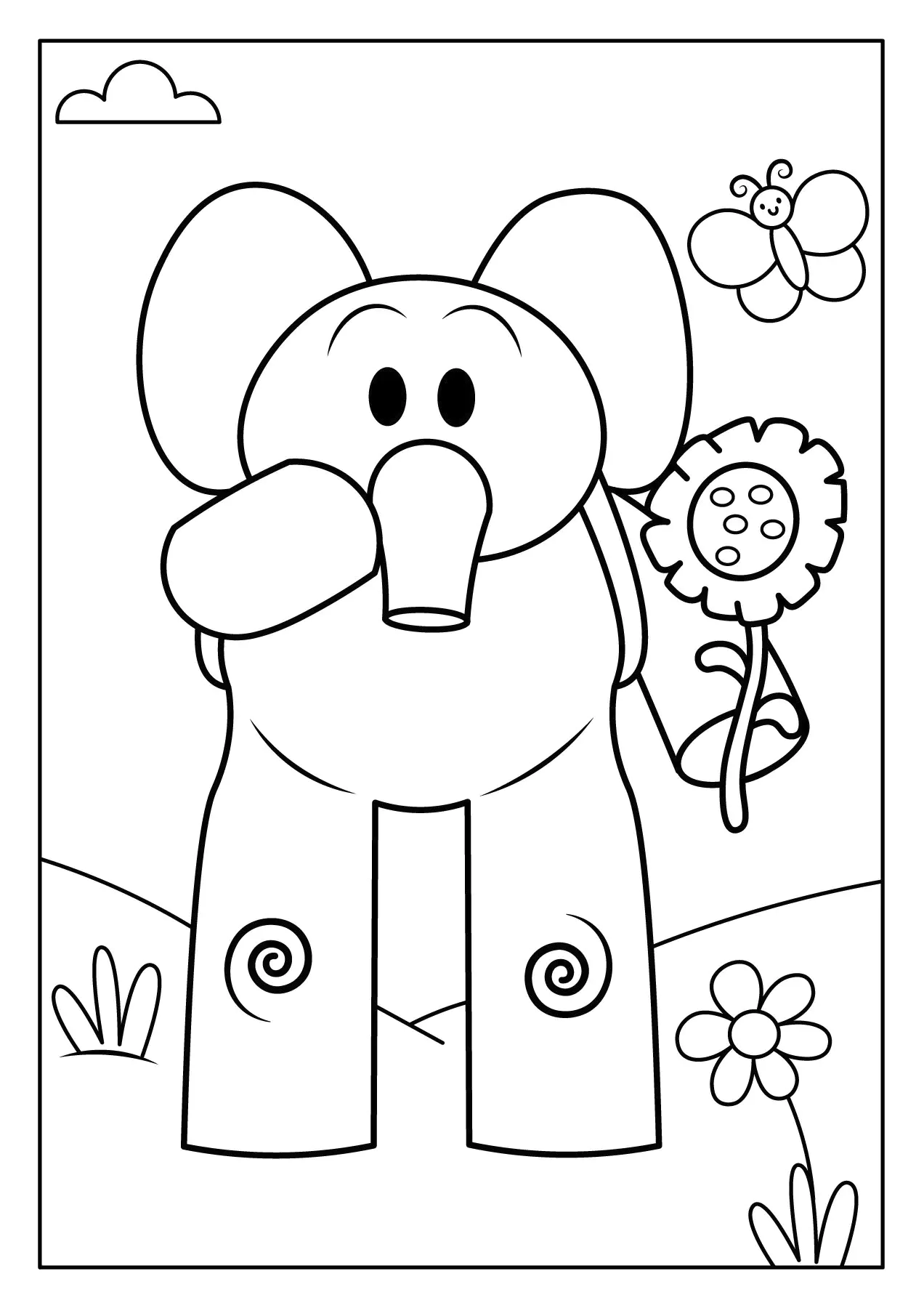 El elefante Elly con una hermosa flor (Página de Pocoyo para imprimir para niños)