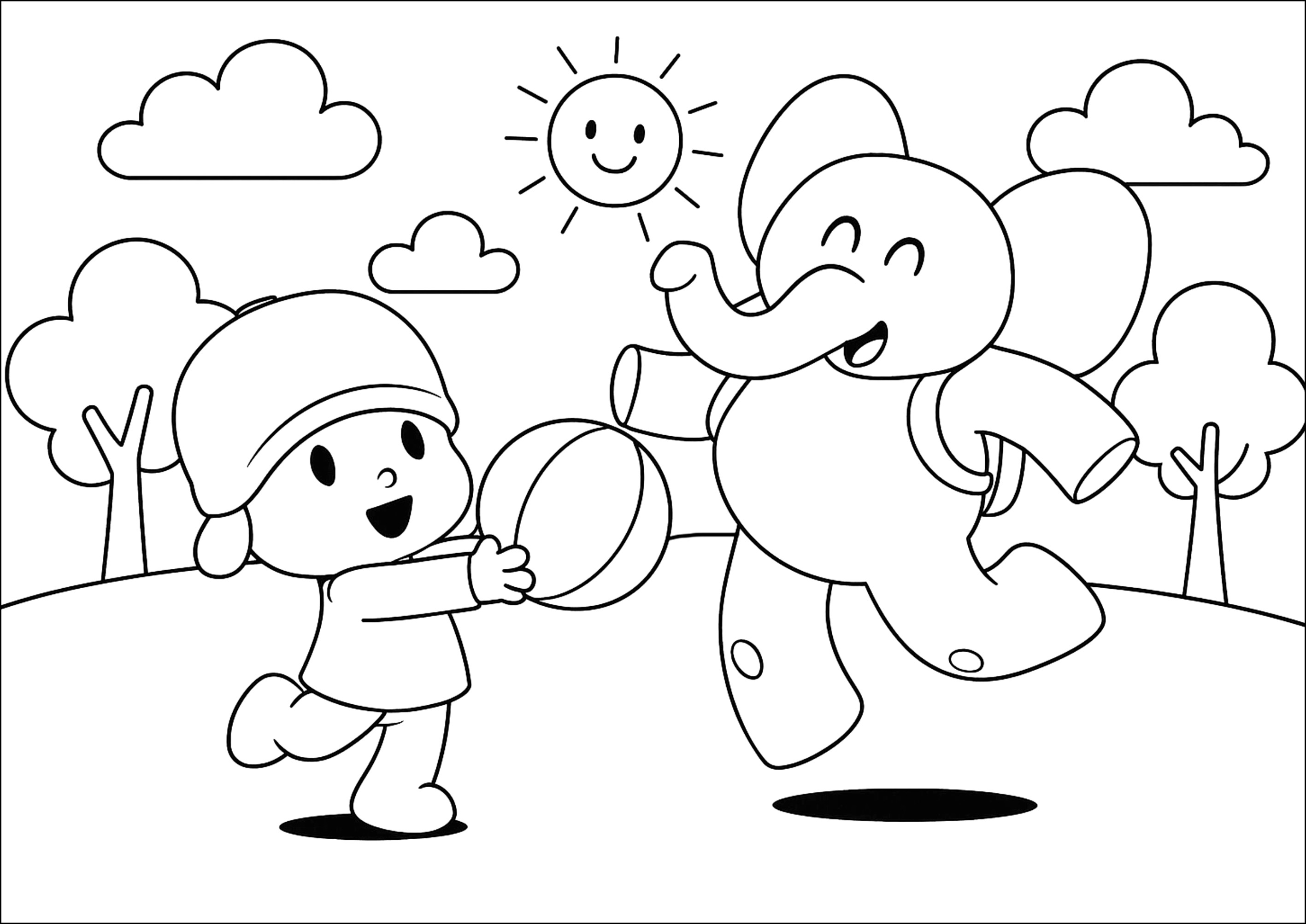 Alegría y Elefante juguetón bajo el sol (Página de Pocoyo para imprimir para niños)