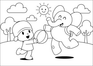 Alegría y Elefante juguetón bajo el sol (Página de Pocoyo para imprimir)