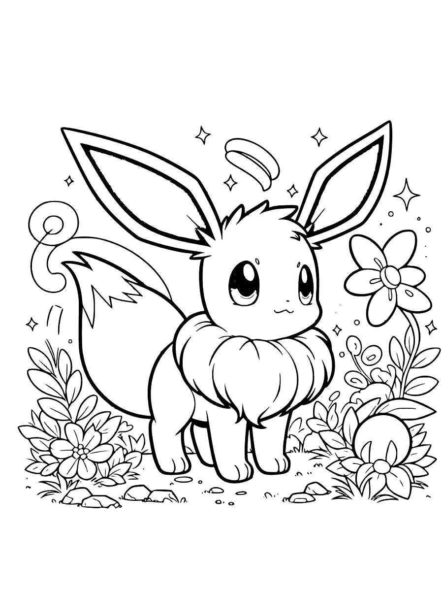 Eevee: coloración sencilla (Página de Todas las páginas para colorear de Pokémon para imprimir para niños)