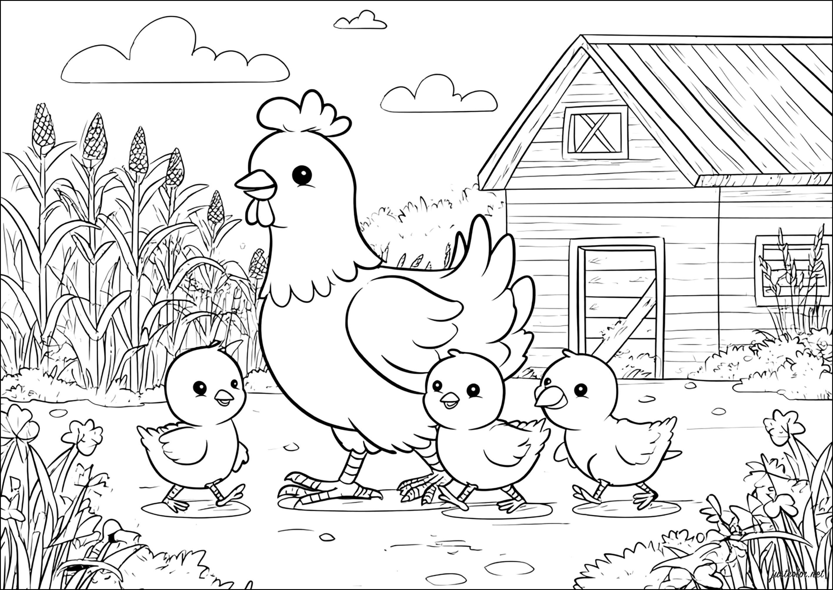 Gallina acompañada de sus polluelos (Página de Pollo para imprimir para niños)