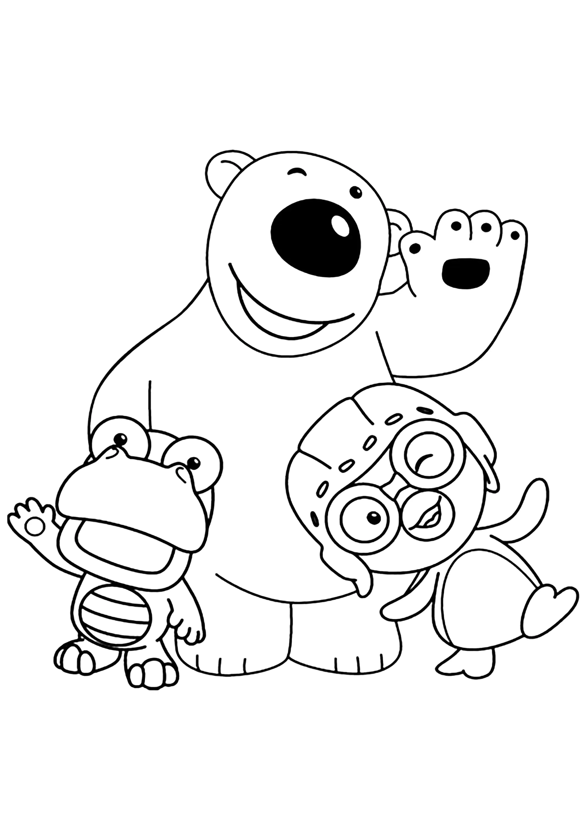 El oso Poby con Pororo y su amigo Crong (Página para imprimir para niños)