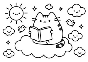 Gato soñador en una nube (Página de Pusheen  para imprimir)