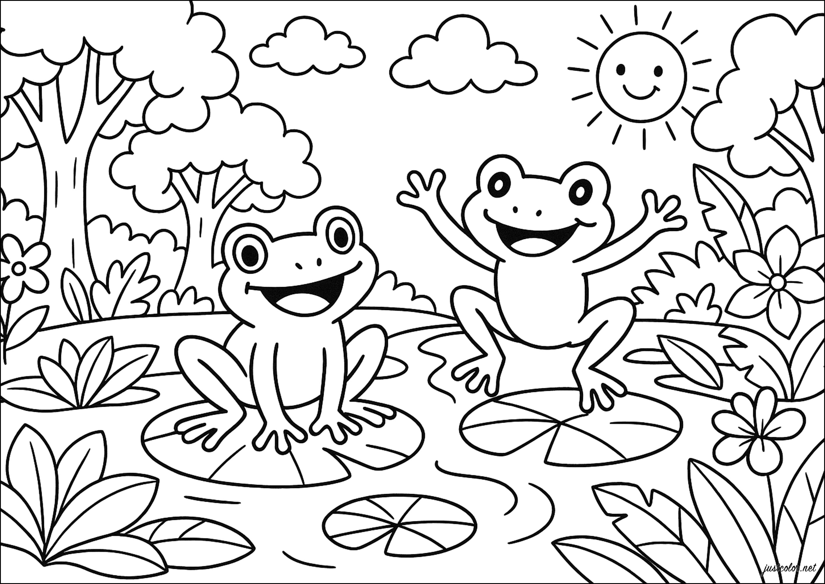 Dos Ranas alegres sobre nenúfares (Página para imprimir para niños)