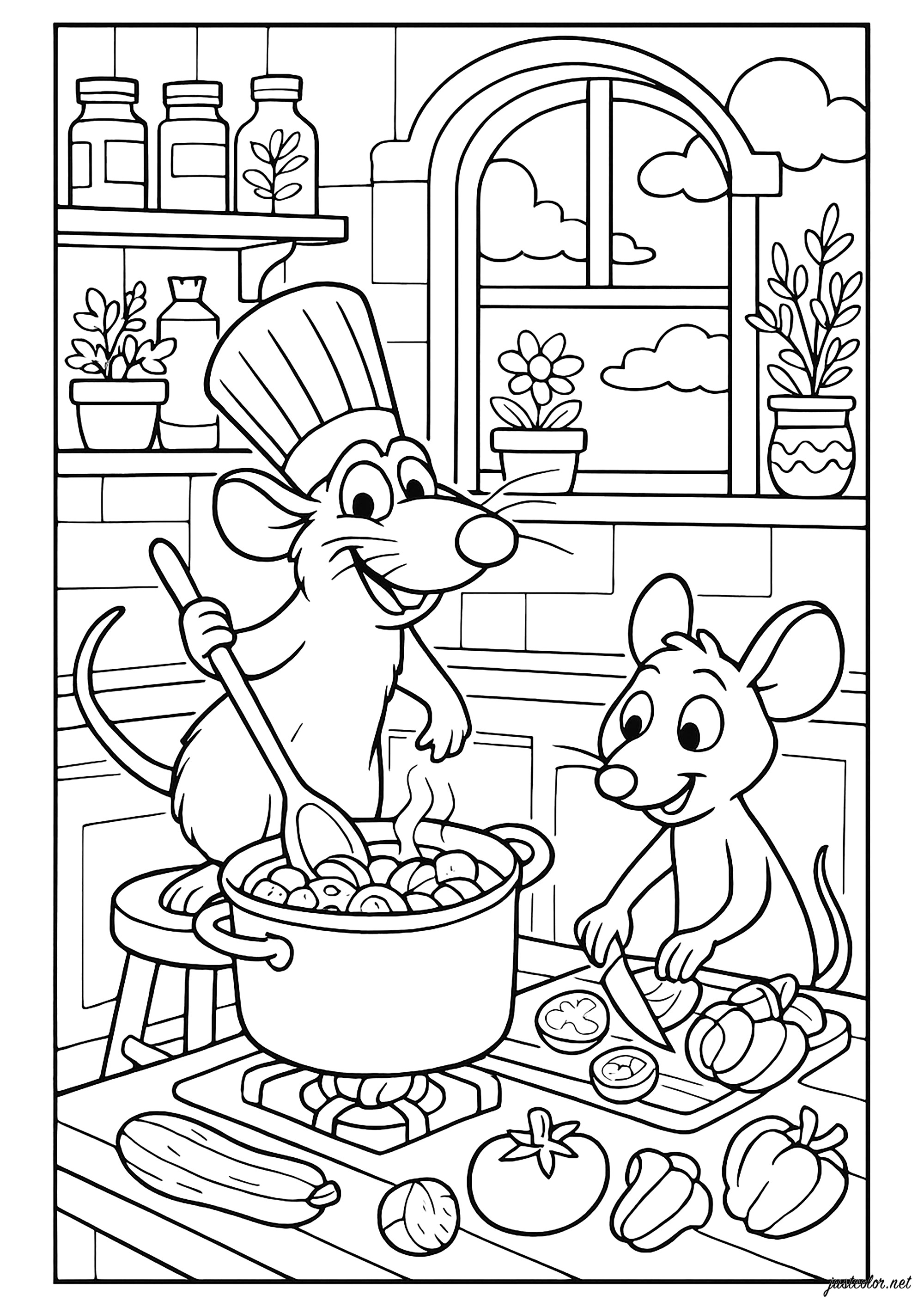 Los jefes roedores en plena cocina (Página de Ratatouille para imprimir para niños)