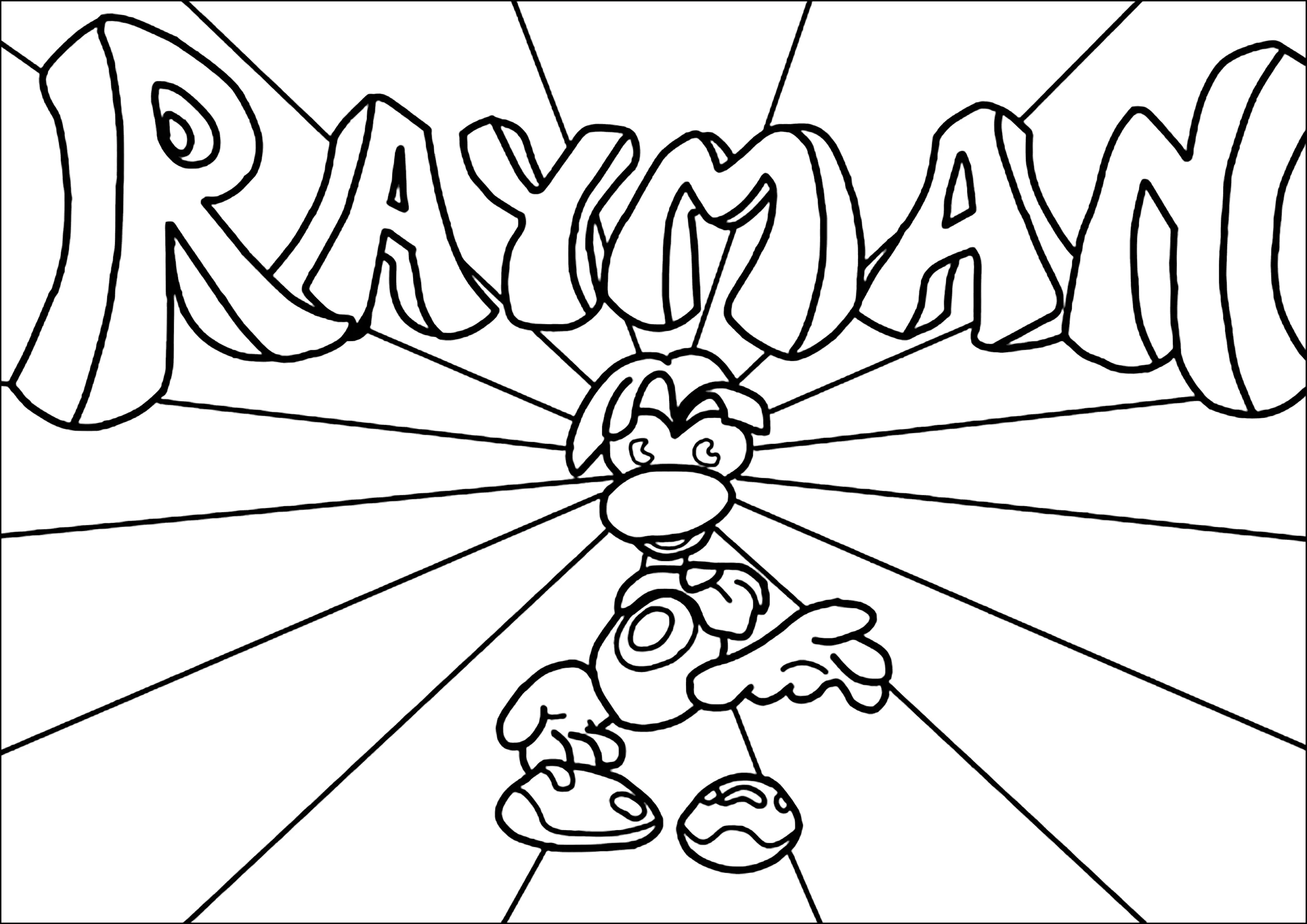 Personaje de Rayman con logotipo de fondo (Página para imprimir para niños)