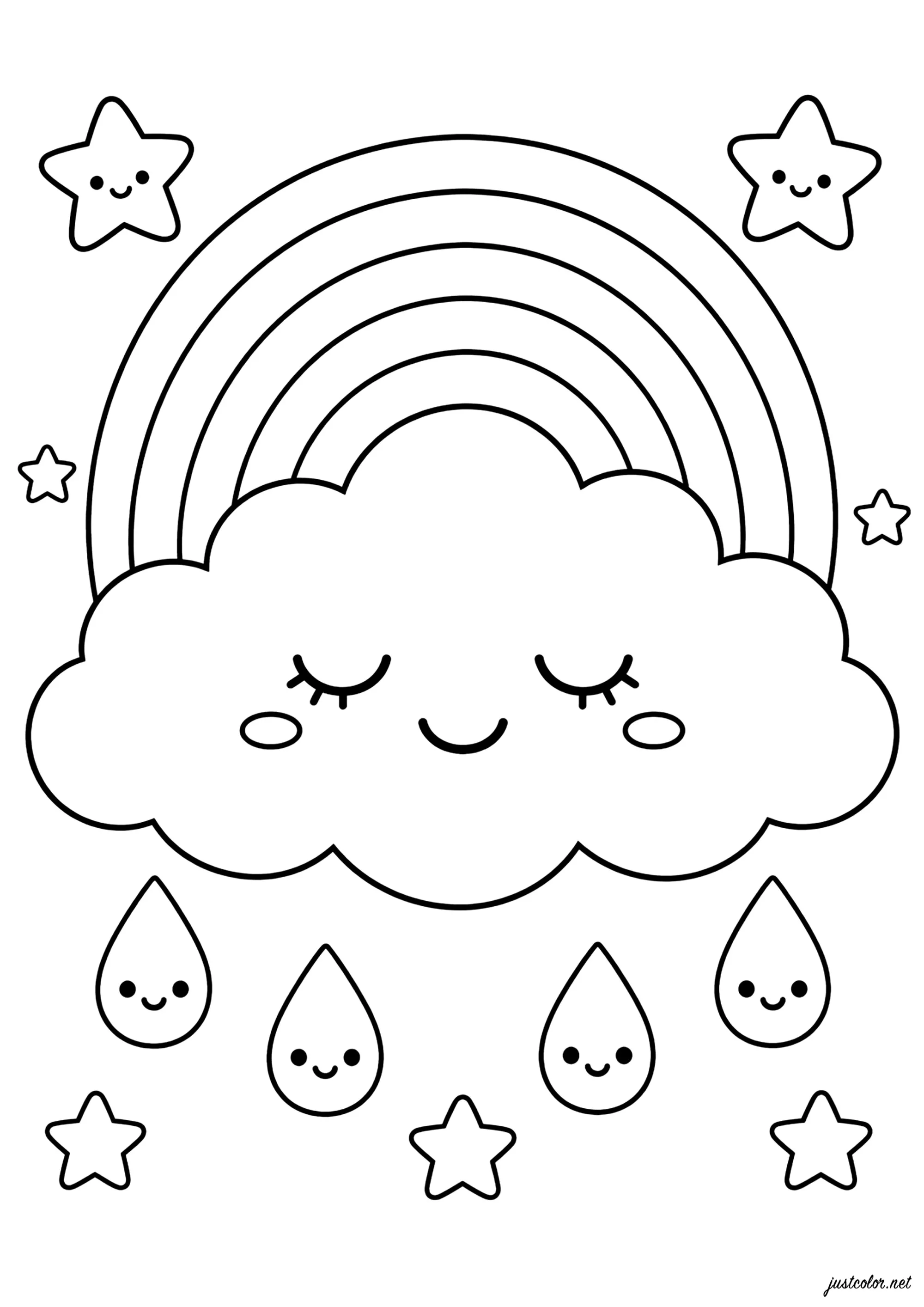 Nube sonriente bajo el arcoíris (Página de Reporte Del Clima para imprimir para niños)