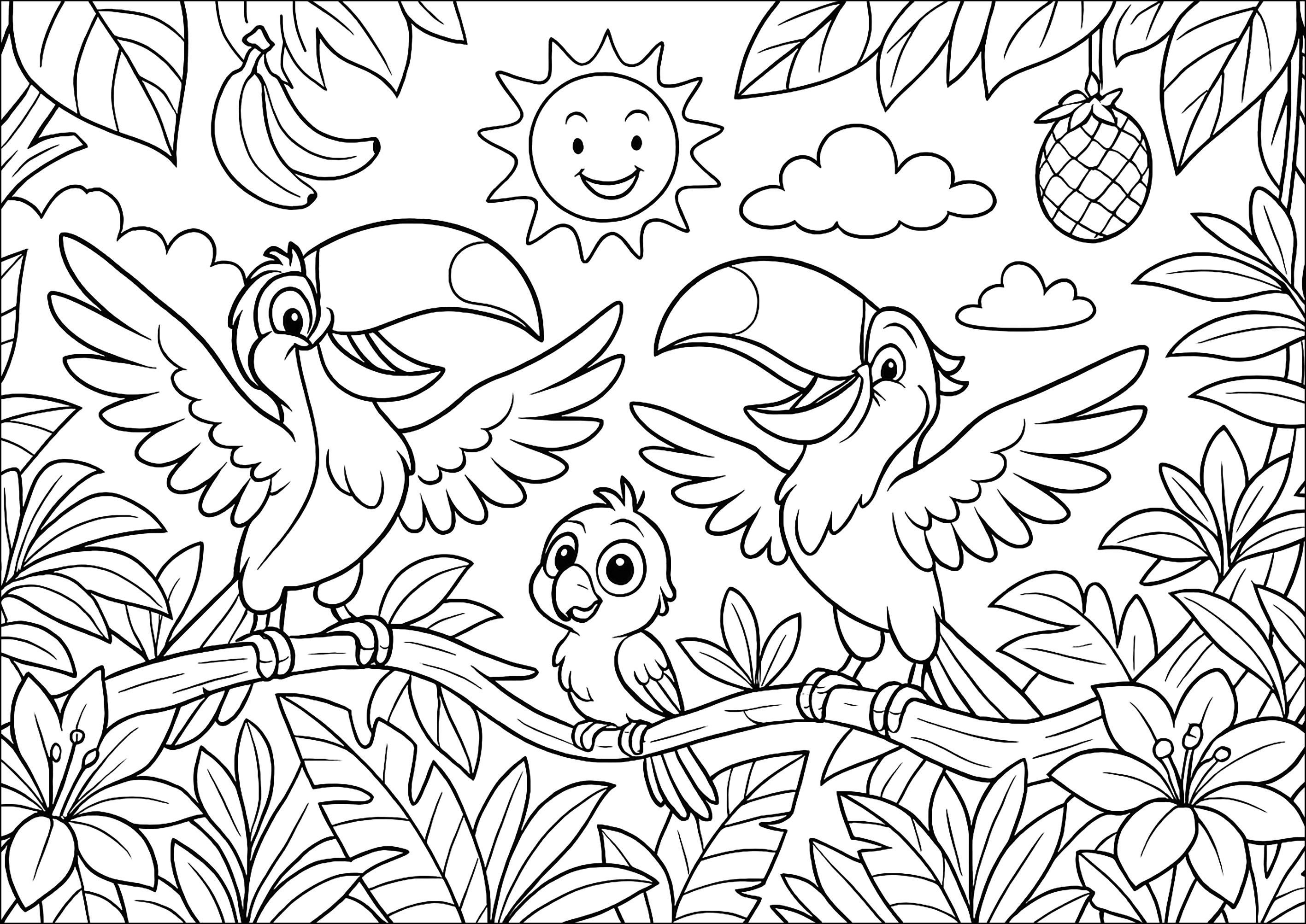 Tucanes risueños (Página de Rio para imprimir para niños)