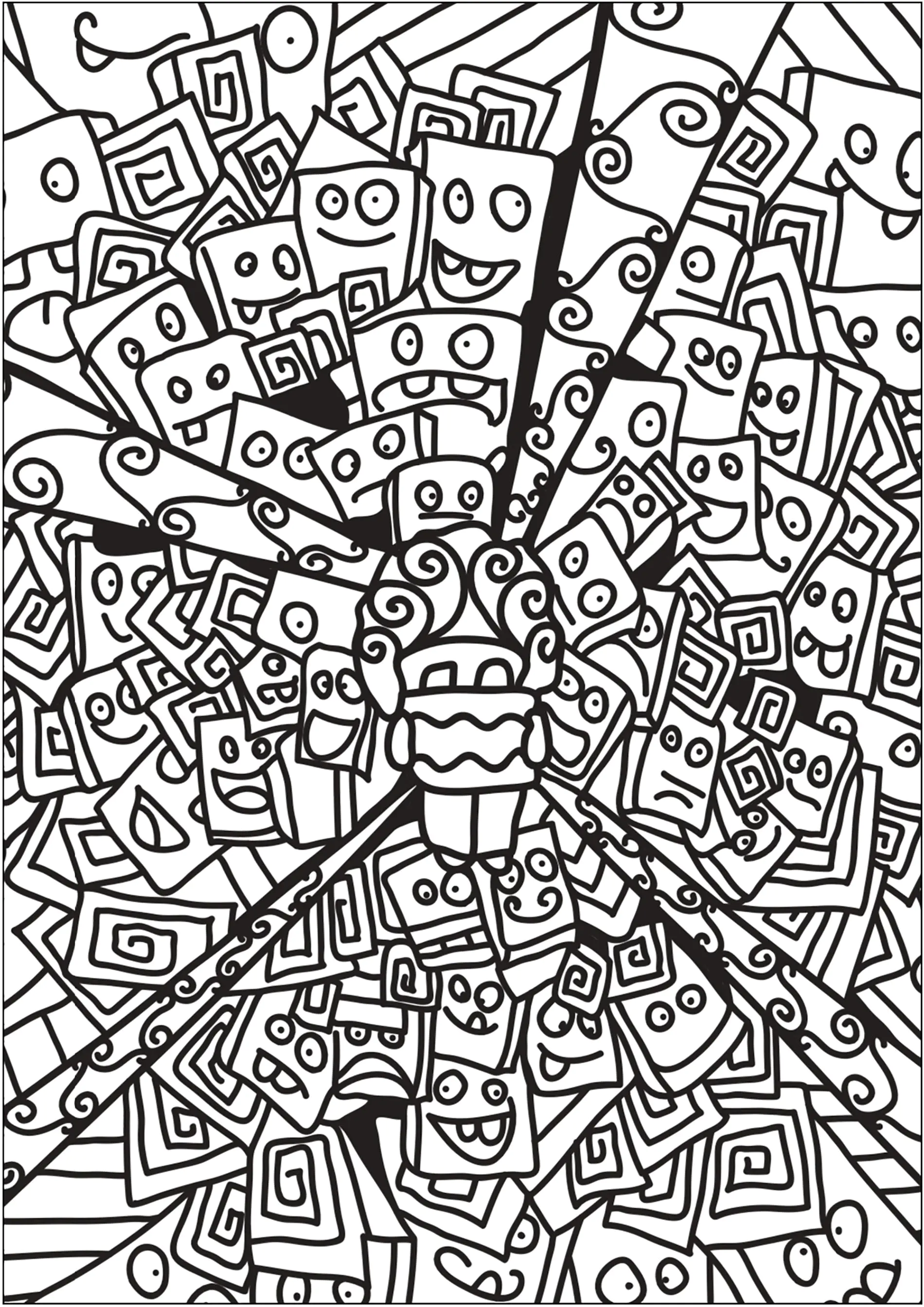 Dibujo de garabatos con muchas cabezas de robots (Página de Robots Coloring pages for kids para imprimir para niños)