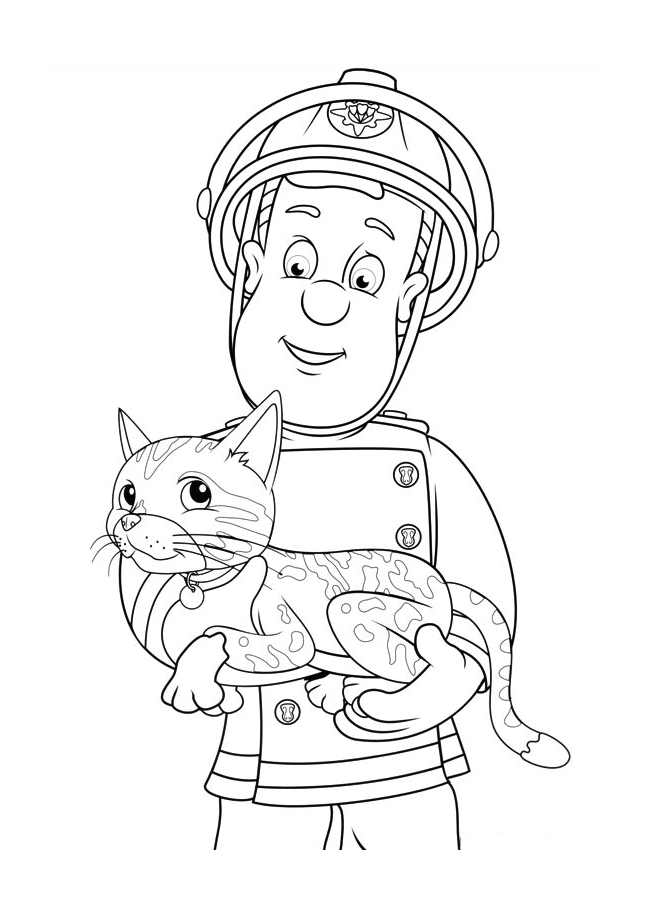 Página para colorear de Sam el bombero con un gato