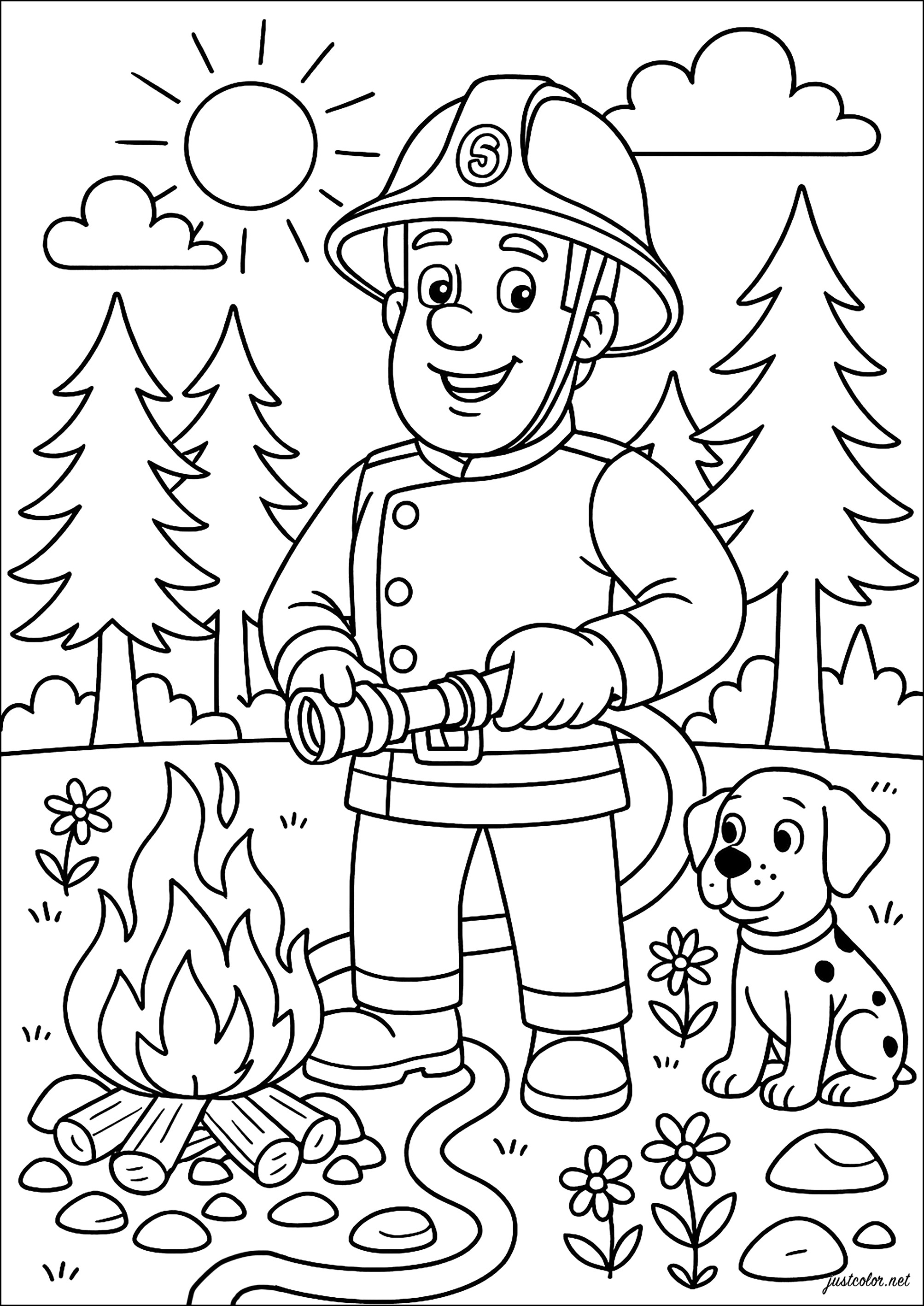 Bombero y su perro (Página de Sam el bombero para imprimir para niños)