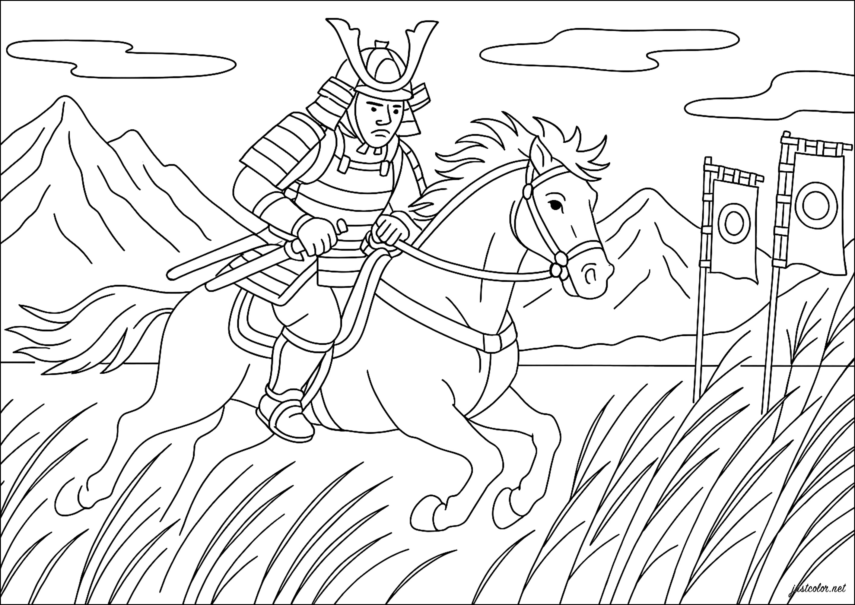 Héroes ecuestres de un pasado lejano (Página de Samurai para imprimir para niños)