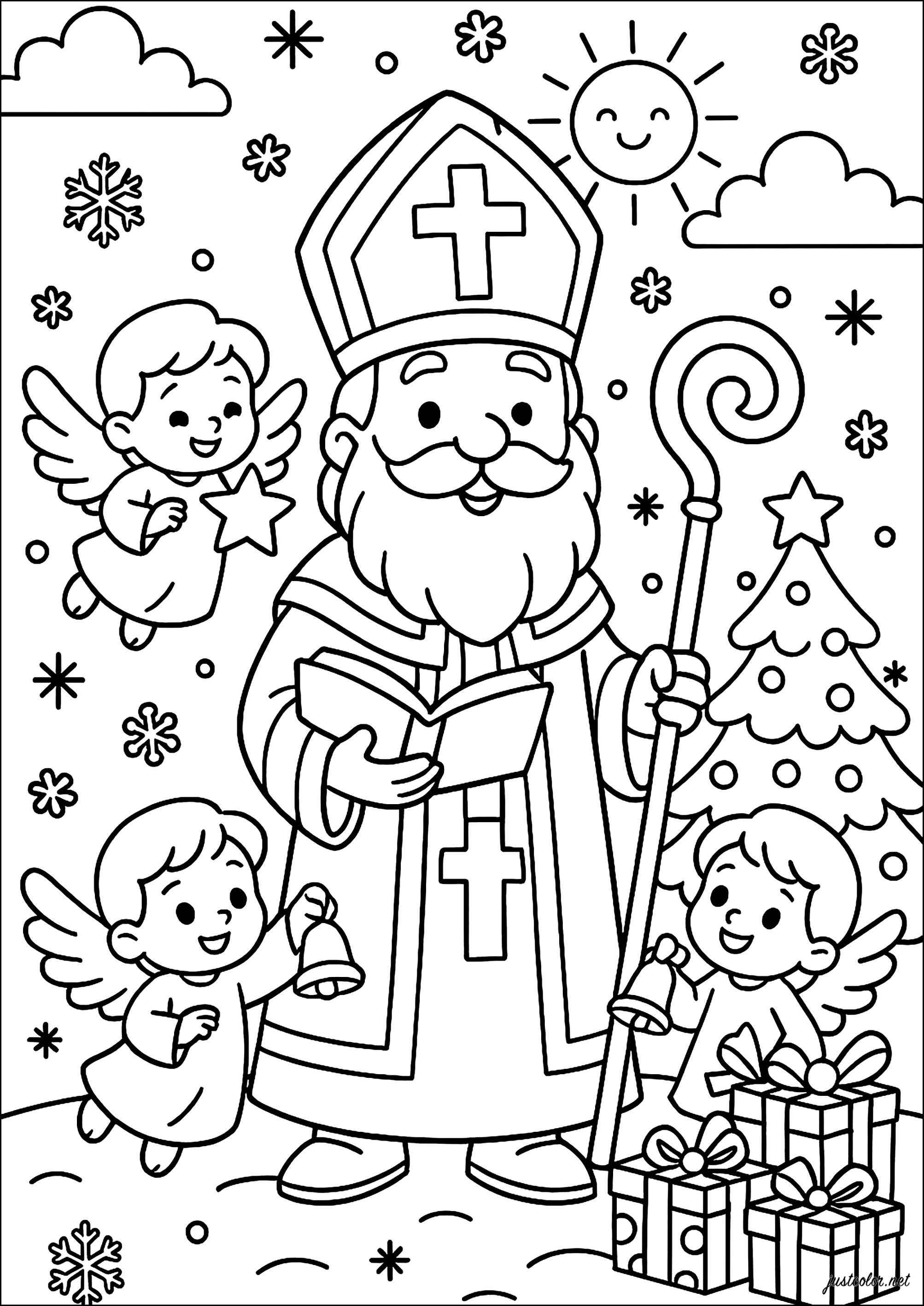 San Nicolás rodeado de pequeños ángeles (Página para imprimir para niños)