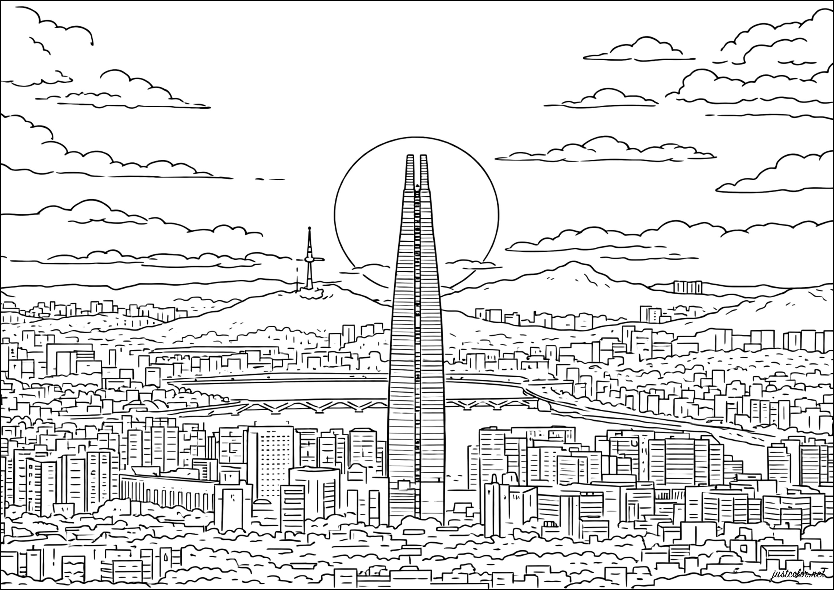 Amanecer sobre la capital coreana (Página de Seoul para imprimir para niños)