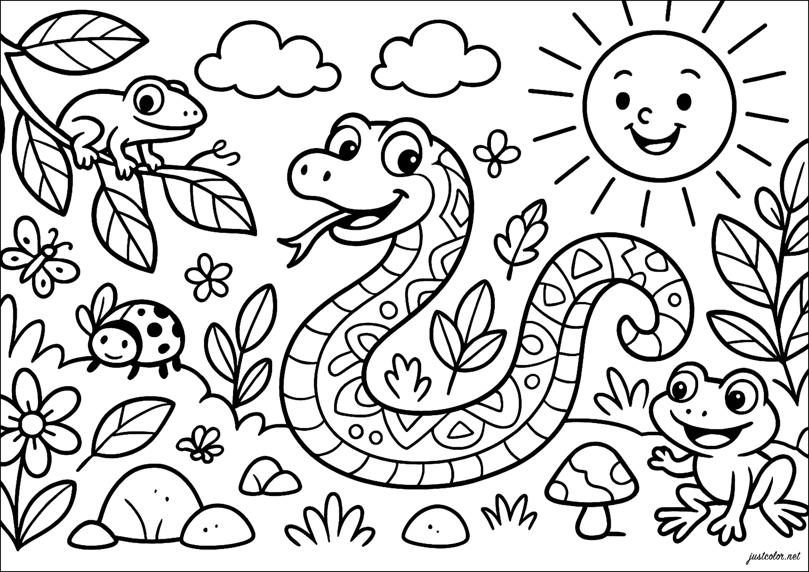 Serpiente alegre en bosque encantado (Página para imprimir para niños)