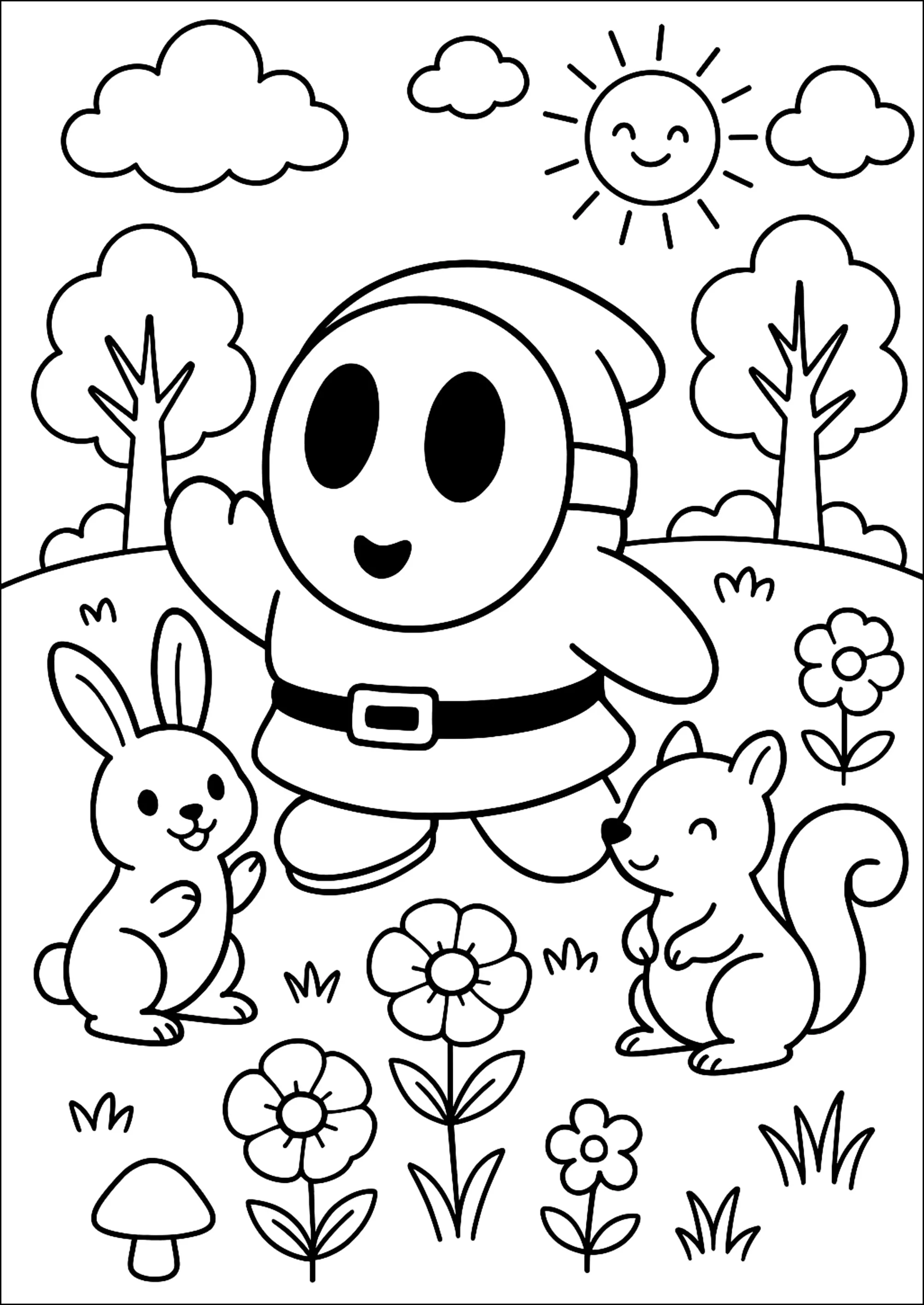 Encuentro alegre en el claro (Página de Shy Guy para imprimir para niños)