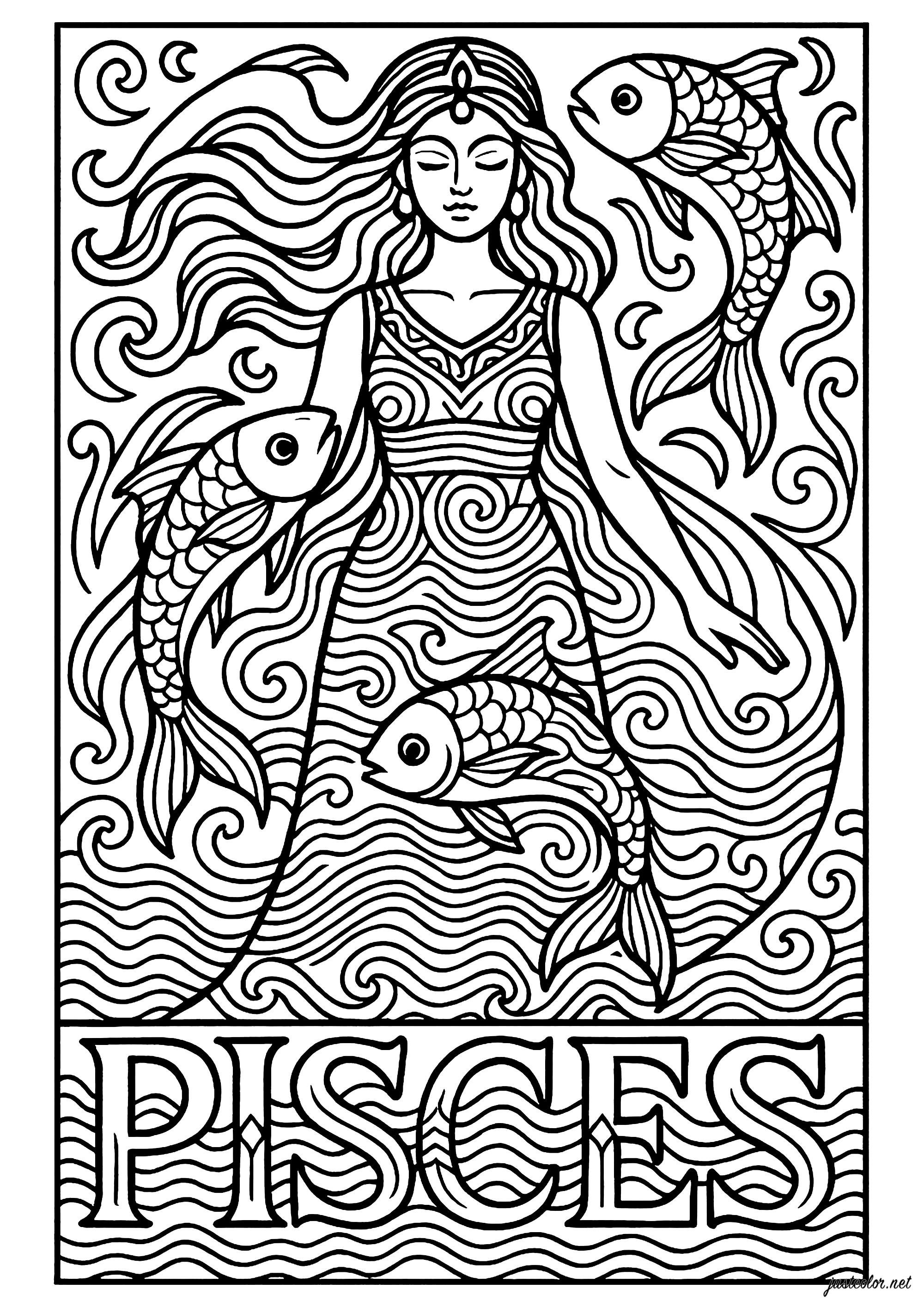 Signo de Piscis (Piscis) representado por una mujer (Página de Signos del zodiaco para imprimir para niños)