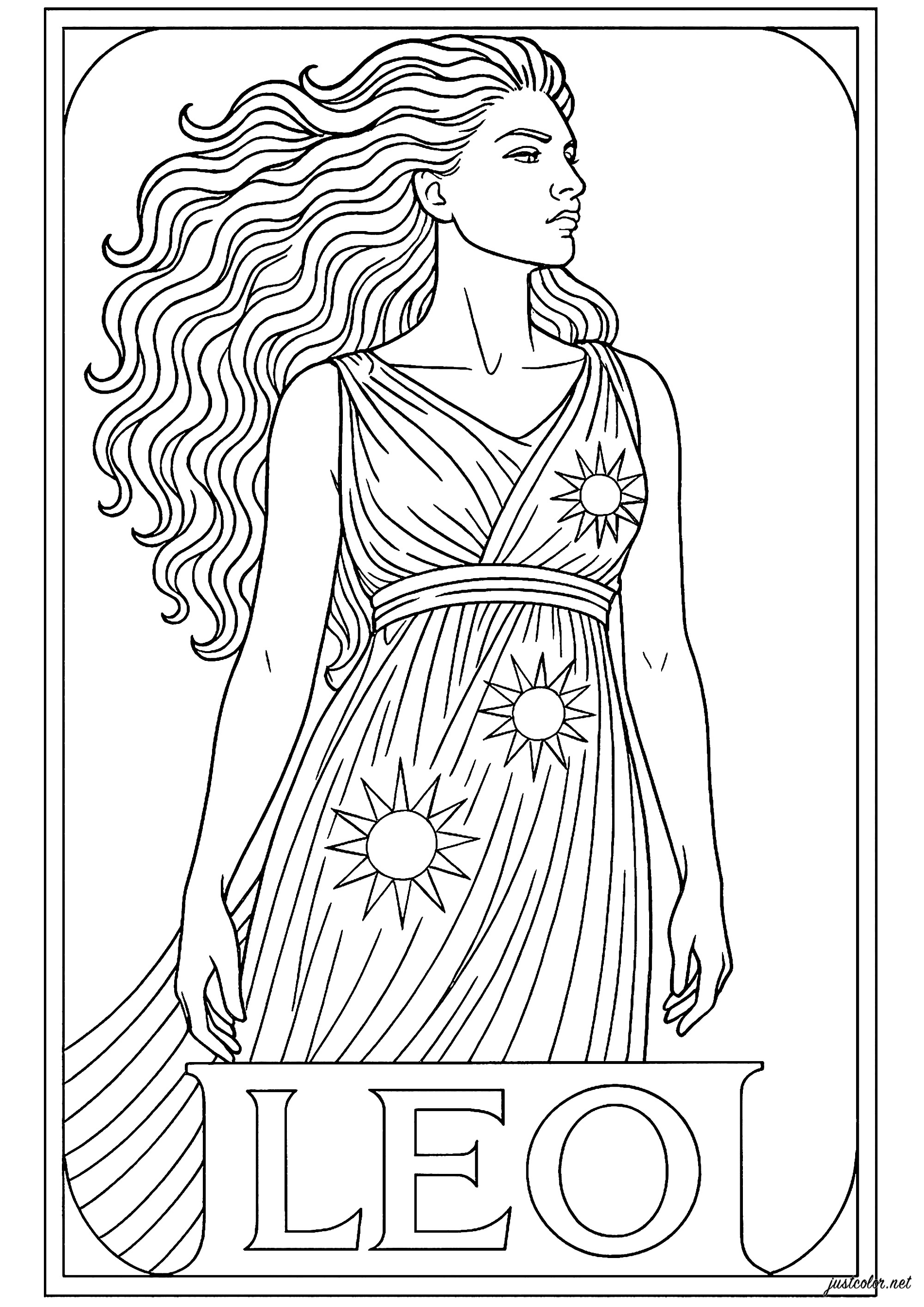 Signo del León (Leo) representado por una mujer (Página de Signos del zodiaco para imprimir para niños)