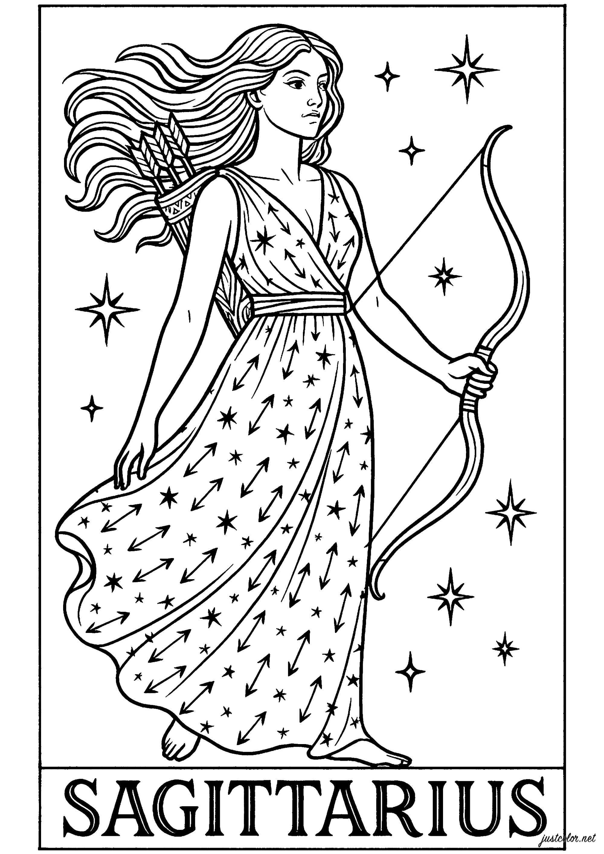 Signo de Sagitario (Sagittarius) representado por una mujer (Página de Signos del zodiaco para imprimir para niños)