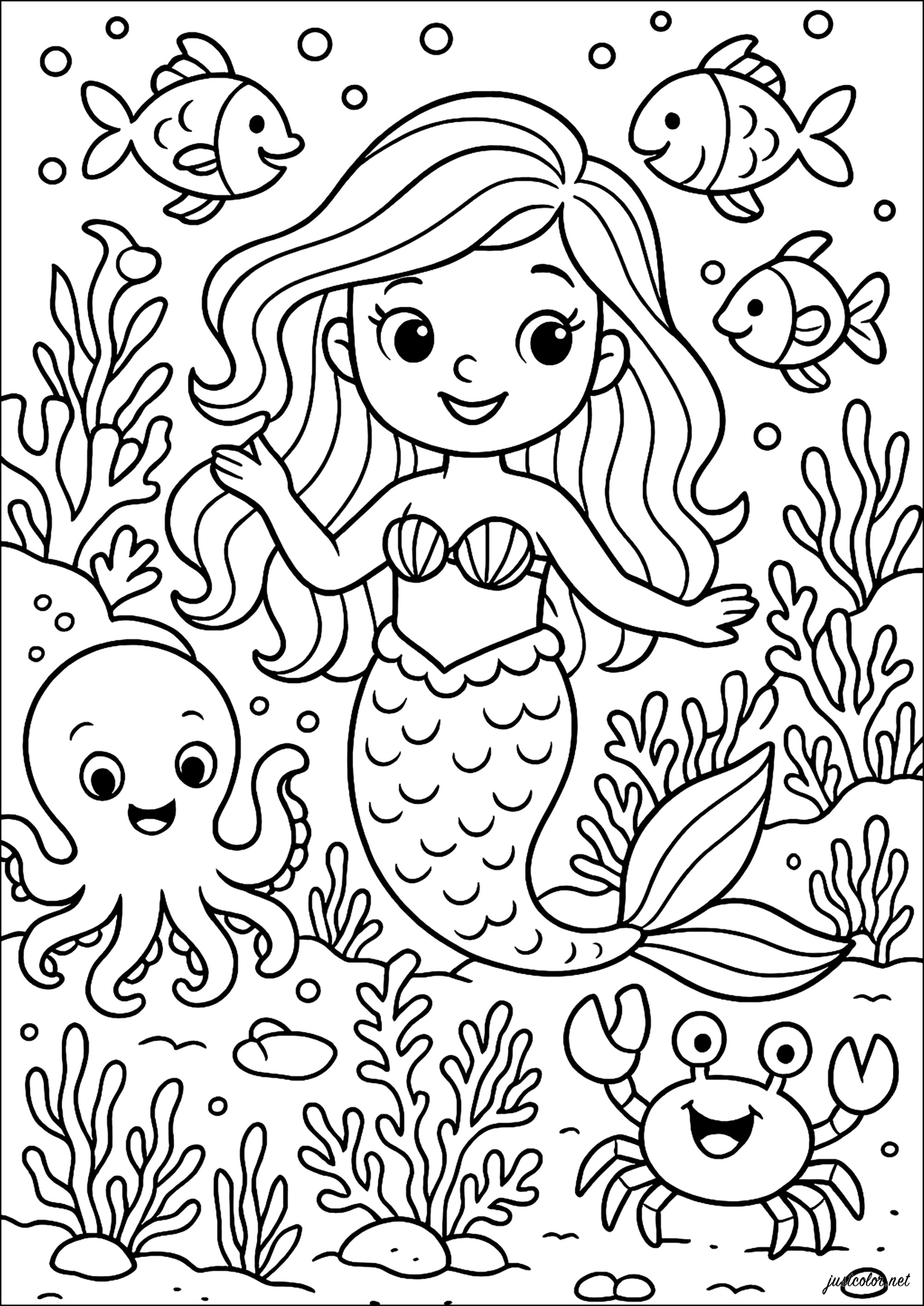 Sirena y sus amigos marinos (Página para imprimir para niños)