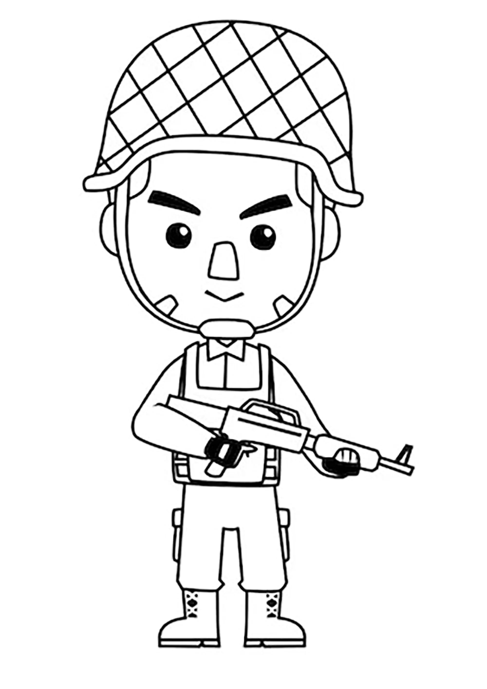 Divertido dibujo de un soldado con su fusil (Página para imprimir para niños)