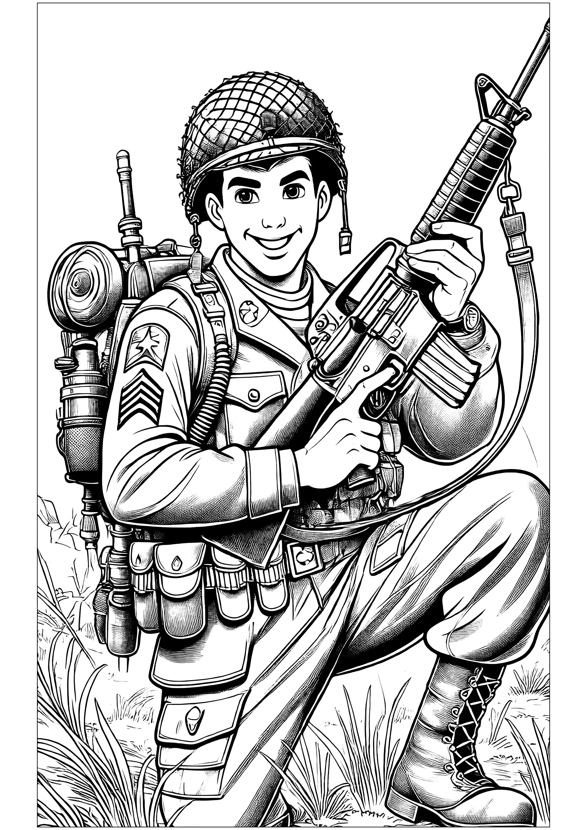 Soldado bien armado con casco (Página para imprimir para niños)