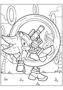 Página de Sonic para imprimir para niños : Shadow el erizo en un anillo de oro
