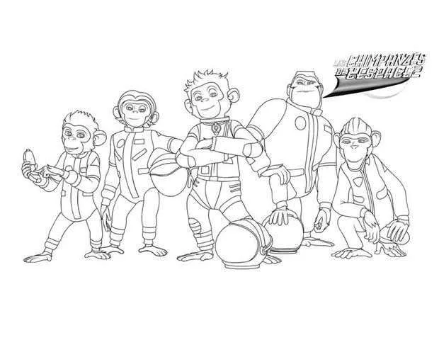 Página imprimible para colorear de chimpancés espaciales para niños (Space Chimps: Misión espacial)